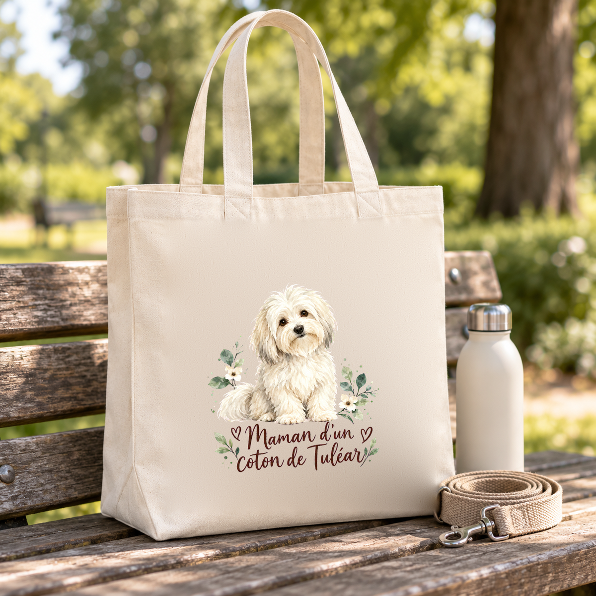 Tote bag coton de Tuléar « Maman d'un coton de Tuléar » Premium posé sur un banc de parc, à côté d'une gourde et d'une laisse