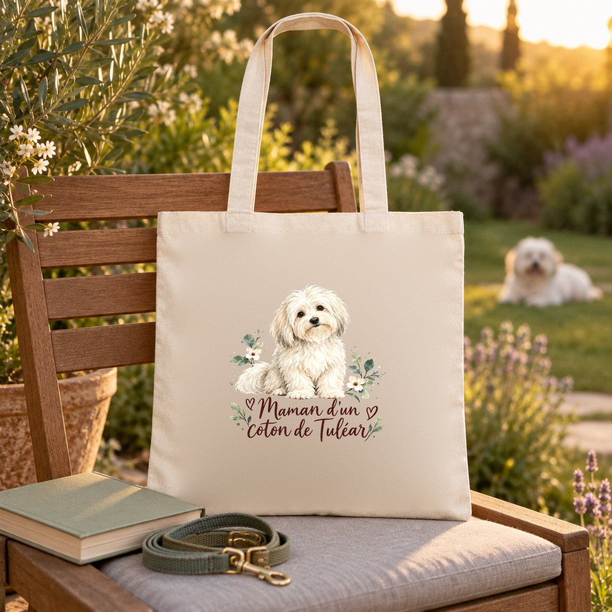 Tote bag coton de Tuléar « Maman d'un coton de Tuléar » Essentiel posé sur une chaise de jardin au coucher du soleil, un coton de Tuléar allongé dans l'herbe