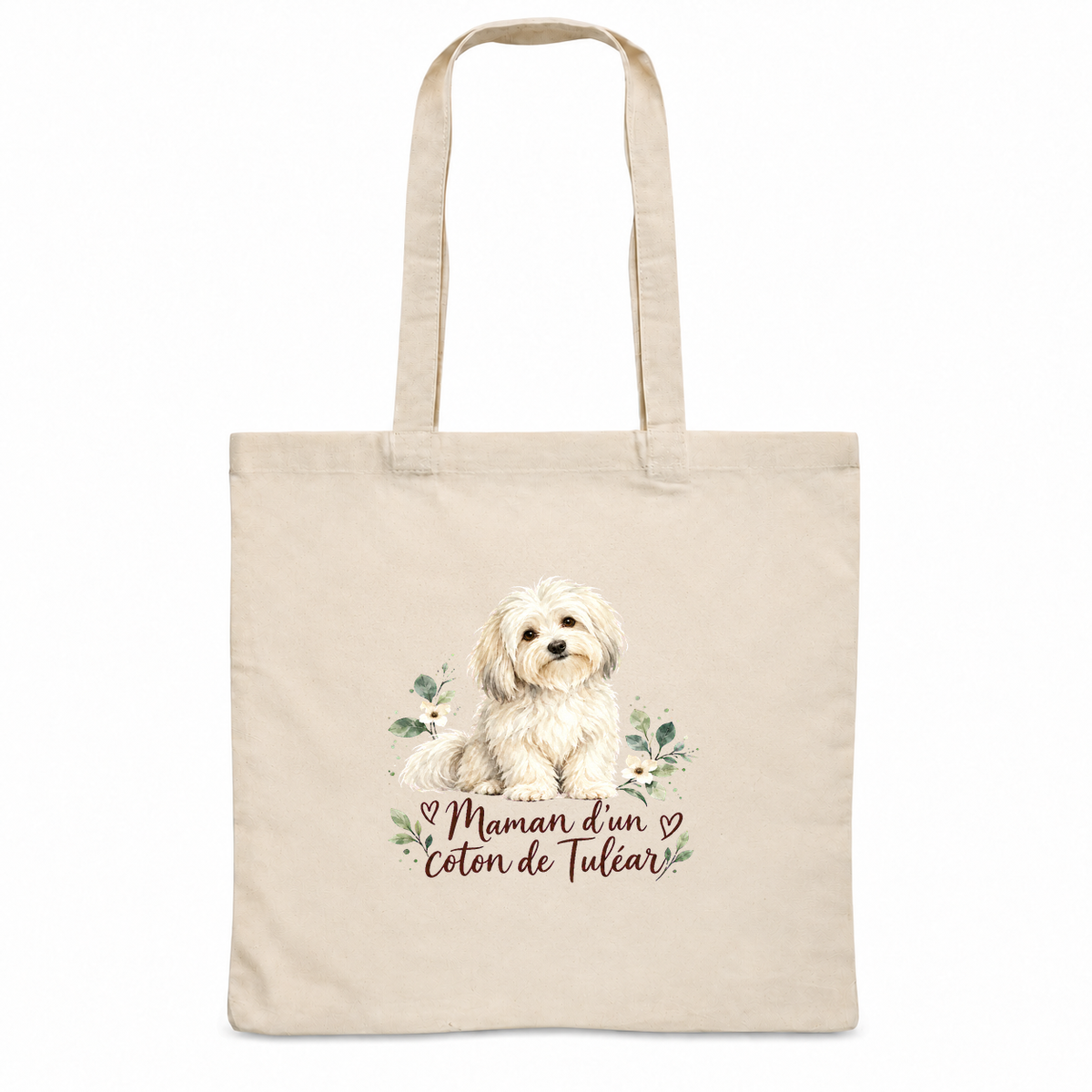 Tote bag coton de Tuléar « Maman d'un coton de Tuléar » Essentiel, sac plat en coton naturel 140 g/m² de 38 × 42 cm, portrait à l'aquarelle d'un coton de Tuléar assis