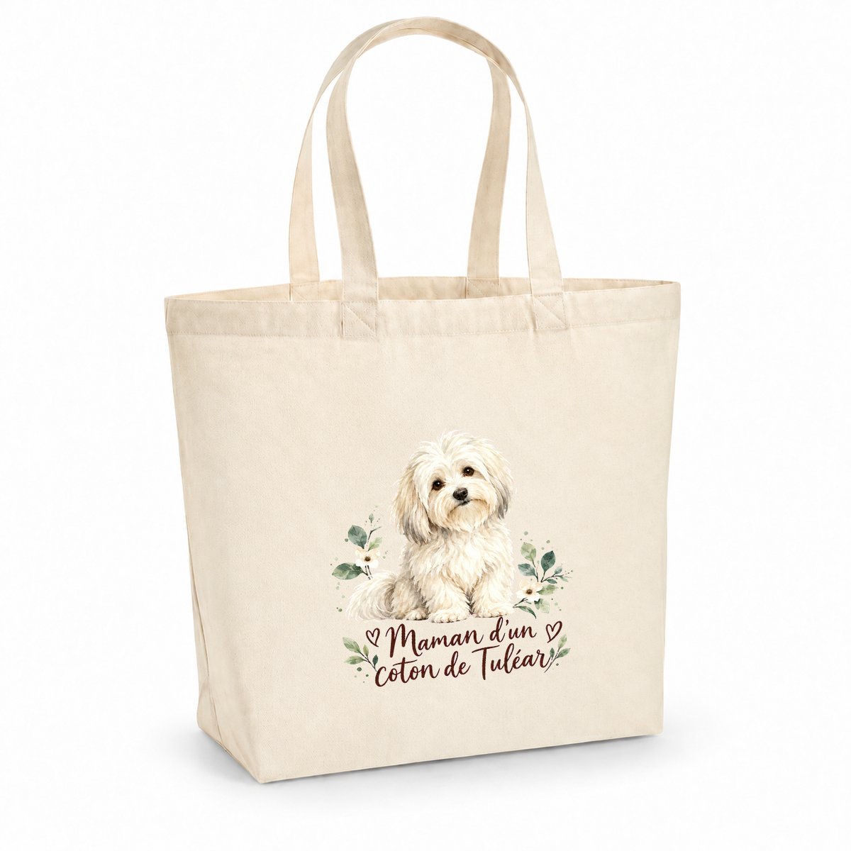 Tote bag coton de Tuléar « Maman d'un coton de Tuléar » Premium, cabas à soufflet en coton naturel 200 g/m² de 18 litres, portrait à l'aquarelle d'un coton de Tuléar assis