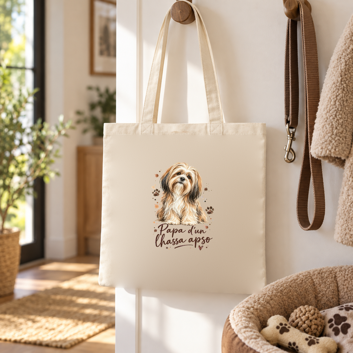 Tote bag lhassa apso « Papa d'un lhassa apso » Essentiel suspendu à une patère d'entrée, à côté d'une laisse et d'un panier