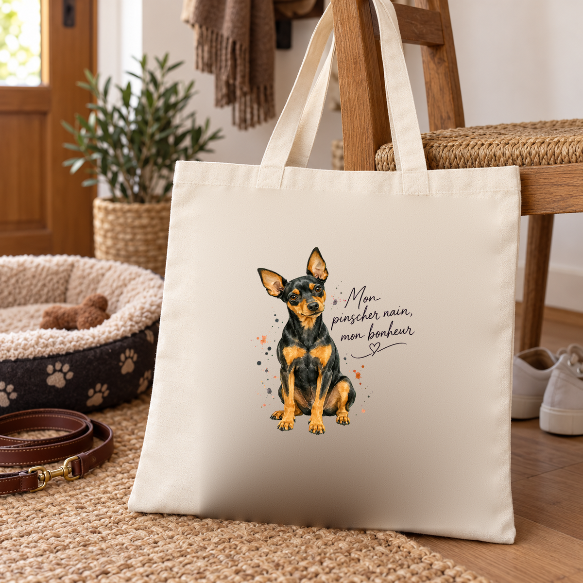 Tote bag pinscher nain « Mon pinscher nain, mon bonheur » Essentiel posé sur un tapis d'entrée, à côté d'un panier pour chien et d'une laisse