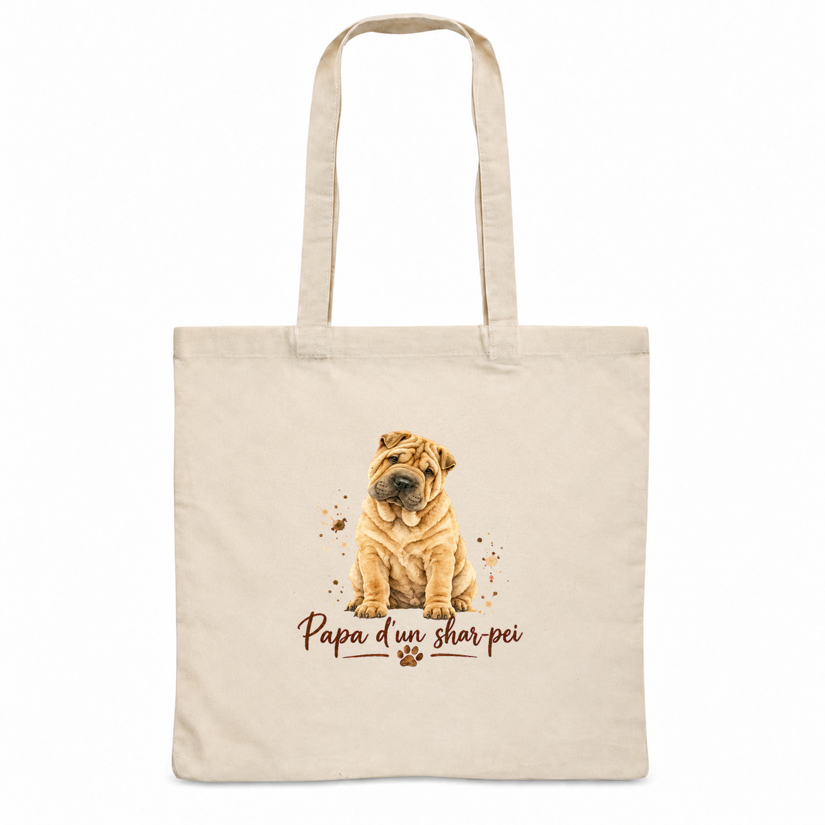 Tote bag shar-pei « Papa d'un shar-pei » Essentiel, sac plat en coton naturel 140 g/m² de 38 × 42 cm, portrait à l'aquarelle d'un shar-pei fauve assis