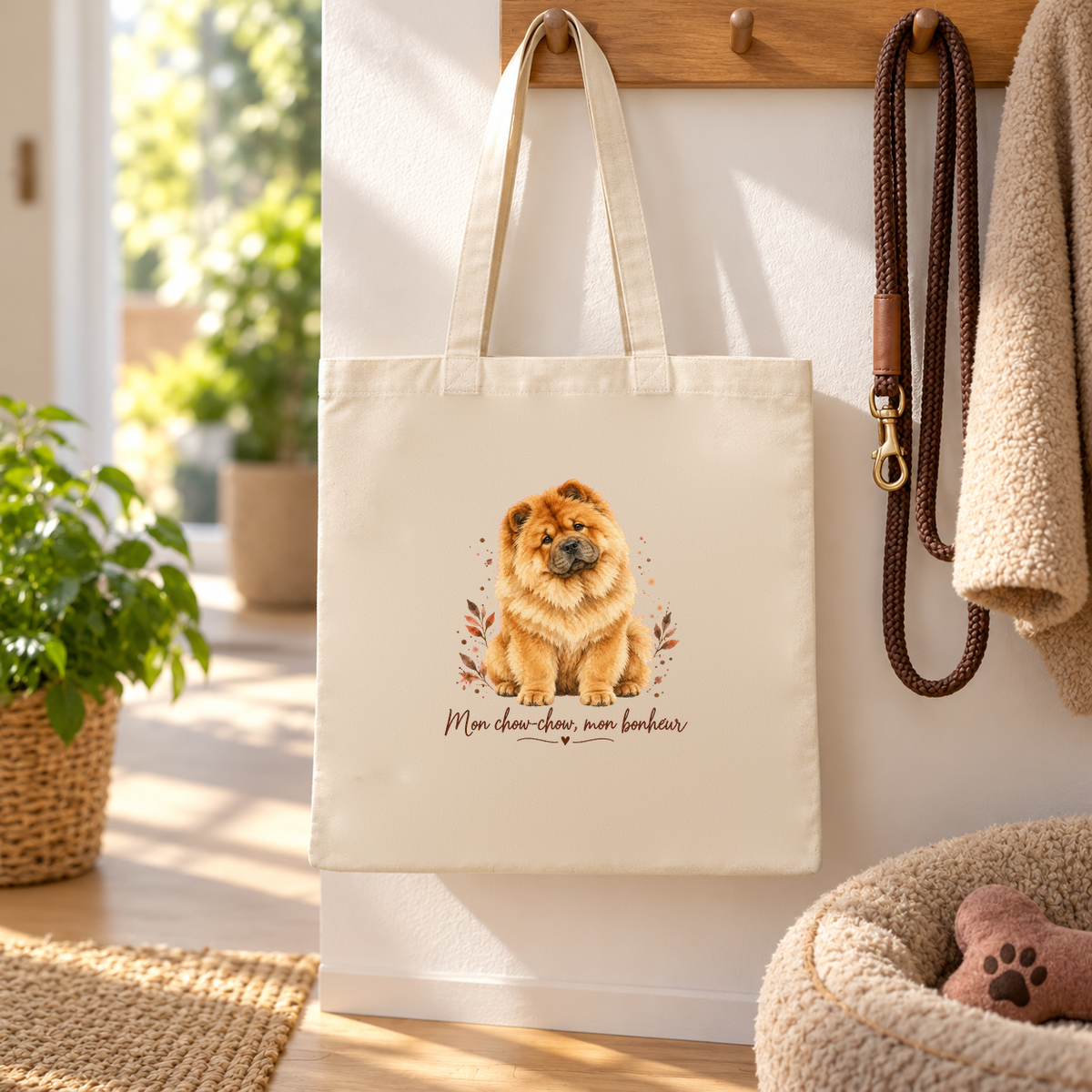 Tote bag chow-chow « Mon chow-chow, mon bonheur » Essentiel suspendu à une patère d'entrée, à côté d'une laisse et d'un panier