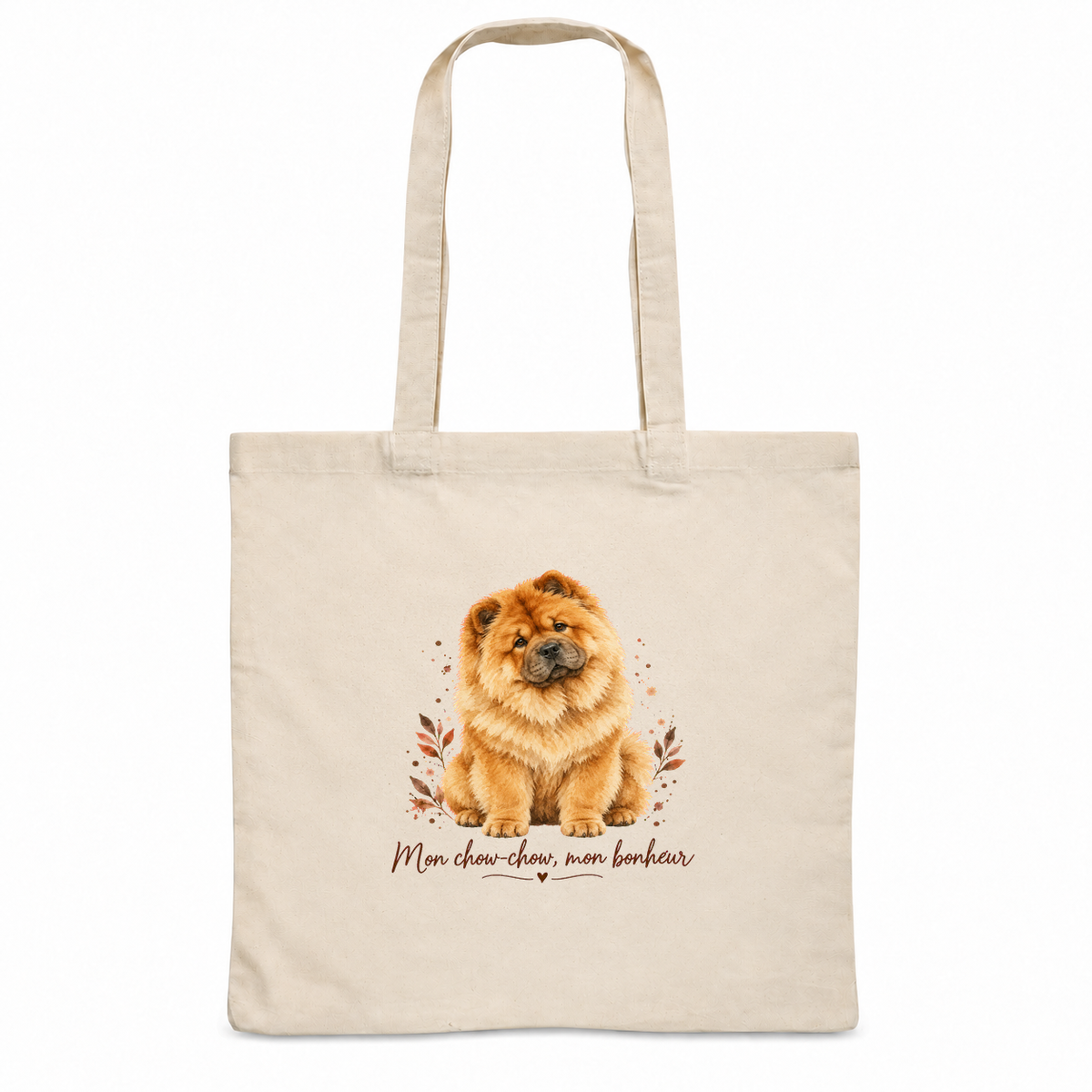 Tote bag chow-chow « Mon chow-chow, mon bonheur » Essentiel, sac plat en coton naturel 140 g/m² de 38 × 42 cm, portrait à l'aquarelle d'un chow-chow roux assis