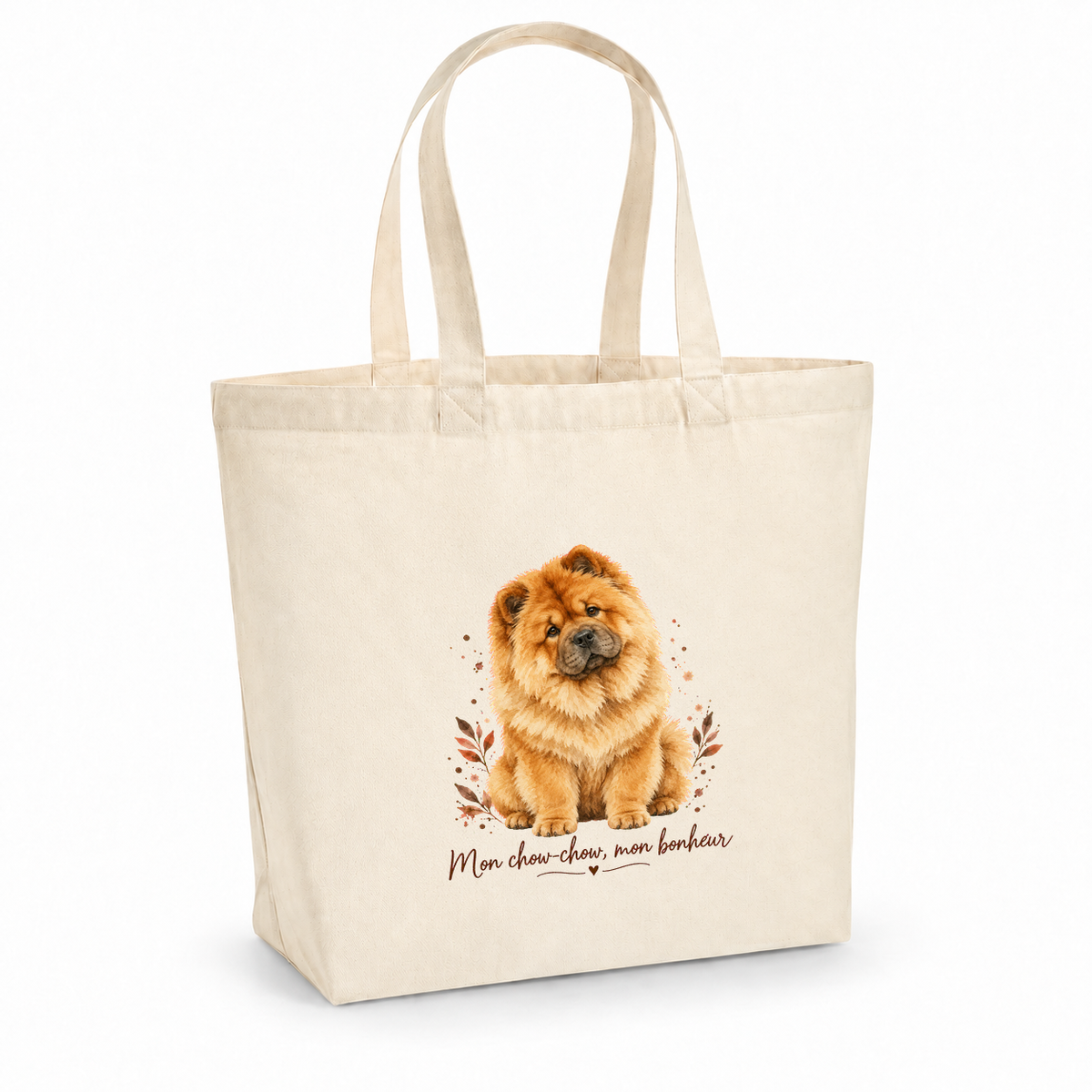 Tote bag chow-chow « Mon chow-chow, mon bonheur » Premium, cabas à soufflet en coton naturel 200 g/m² de 18 litres, portrait à l'aquarelle d'un chow-chow roux assis
