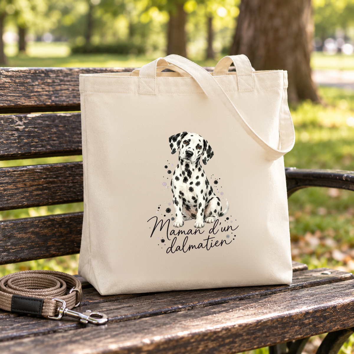 Tote bag dalmatien « Maman d'un dalmatien » Premium posé sur un banc de parc, à côté d'une laisse