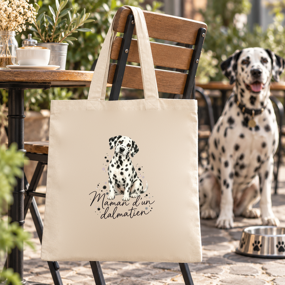 Tote bag dalmatien « Maman d'un dalmatien » Essentiel suspendu à une chaise de terrasse, un dalmatien juste à côté