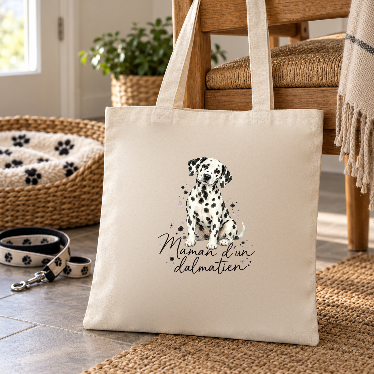 Tote bag dalmatien « Maman d'un dalmatien » Essentiel posé sur un tapis d'entrée, à côté d'un panier pour chien et d'une laisse