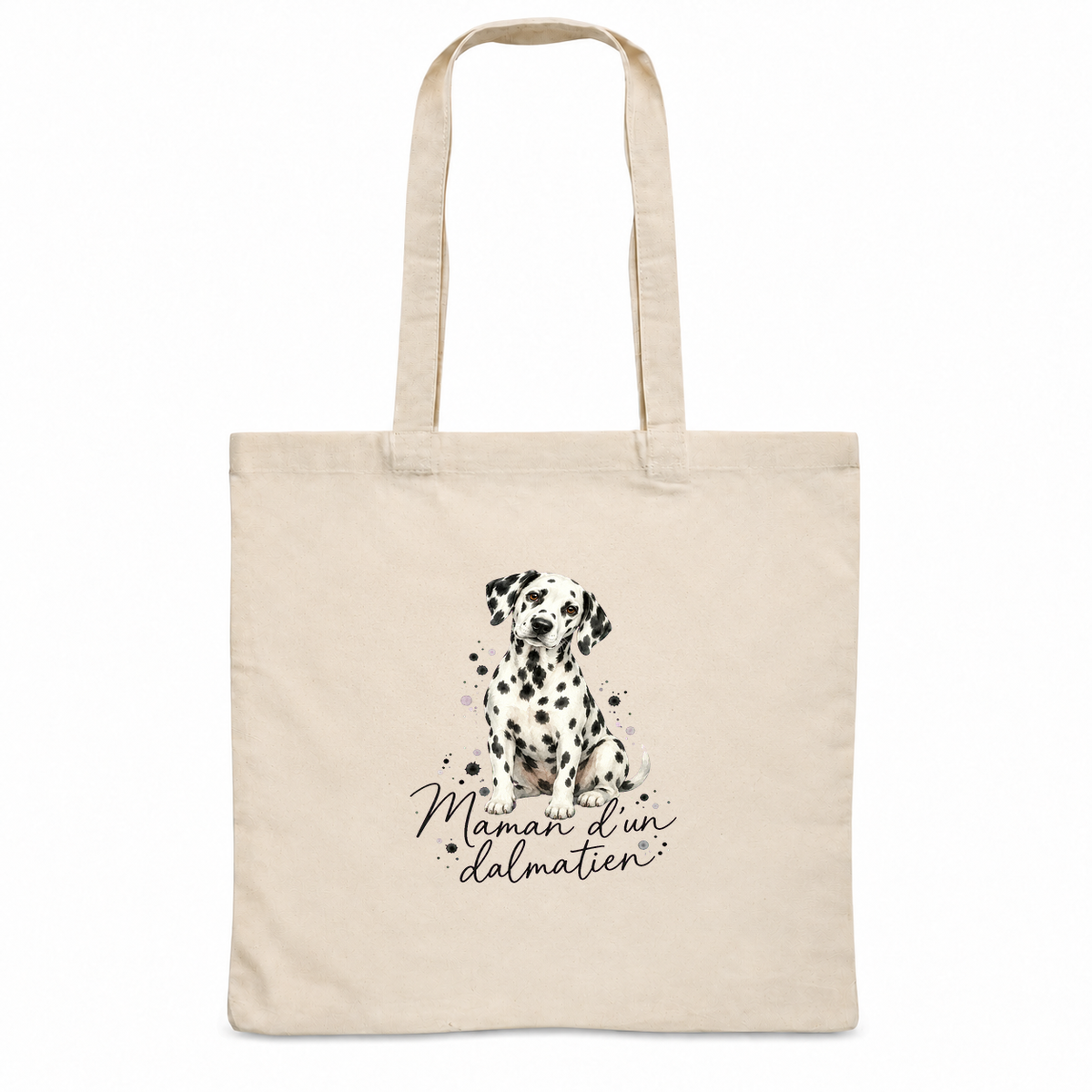 Tote bag dalmatien « Maman d'un dalmatien » Essentiel, sac plat en coton naturel 140 g/m² de 38 × 42 cm, portrait à l'aquarelle d'un dalmatien assis