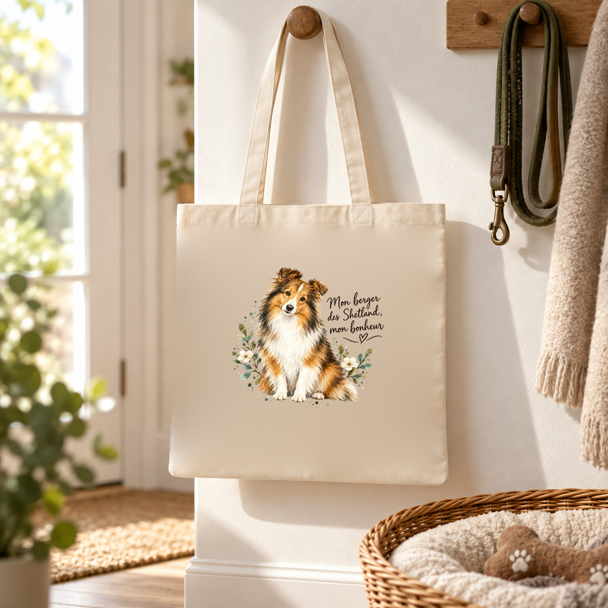 Tote bag berger des Shetland « Mon berger des Shetland, mon bonheur » Essentiel suspendu à une patère dans l'entrée, à côté d'une laisse et d'un panier pour chien