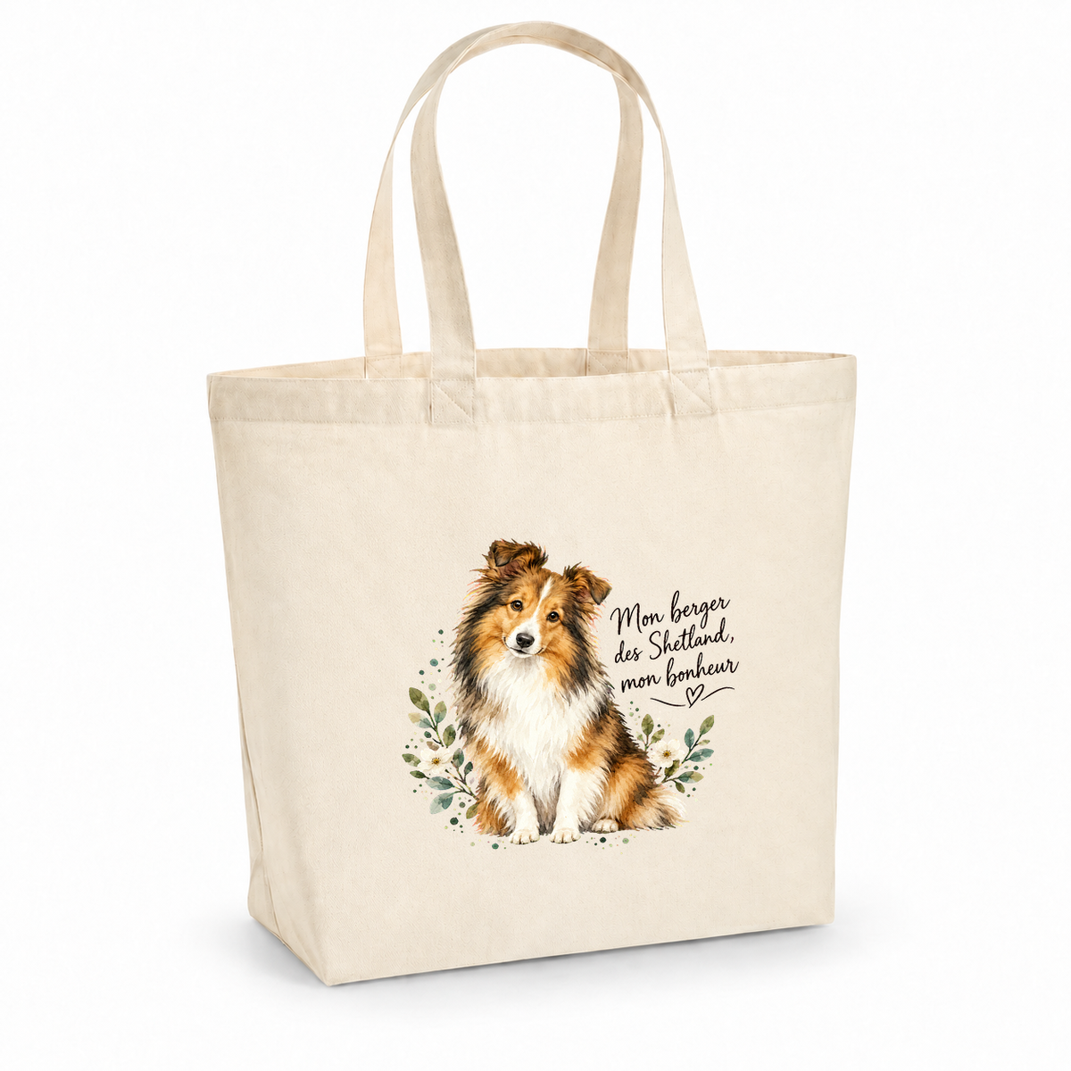 Tote bag berger des Shetland « Mon berger des Shetland, mon bonheur » Premium, cabas à soufflet en coton naturel 200 g/m² de 18 litres, portrait à l'aquarelle d'un berger des Shetland assis
