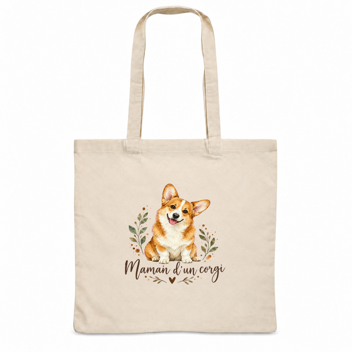 Tote bag corgi « Maman d'un corgi » Essentiel, sac plat en coton naturel 140 g/m² de 38 × 42 cm, portrait à l'aquarelle d'un corgi roux et blanc assis