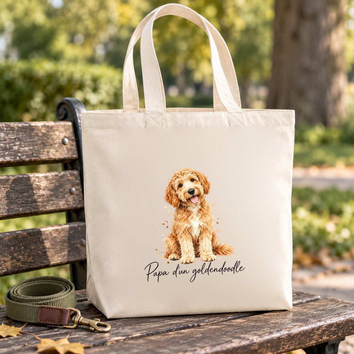Tote bag goldendoodle « Papa d'un goldendoodle » Premium posé sur un banc de parc, à côté d'une laisse