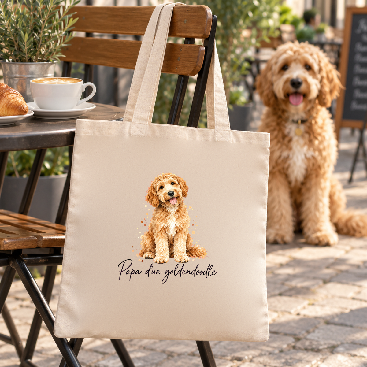 Tote bag goldendoodle « Papa d'un goldendoodle » Essentiel suspendu à une chaise de terrasse, un goldendoodle juste à côté