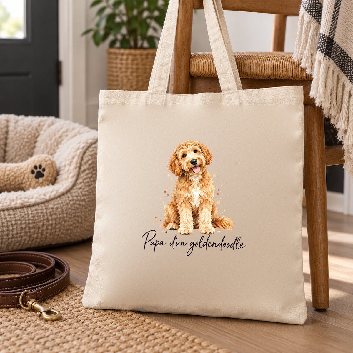 Tote bag goldendoodle « Papa d'un goldendoodle » Essentiel posé sur un tapis d'entrée, à côté d'un panier pour chien et d'une laisse