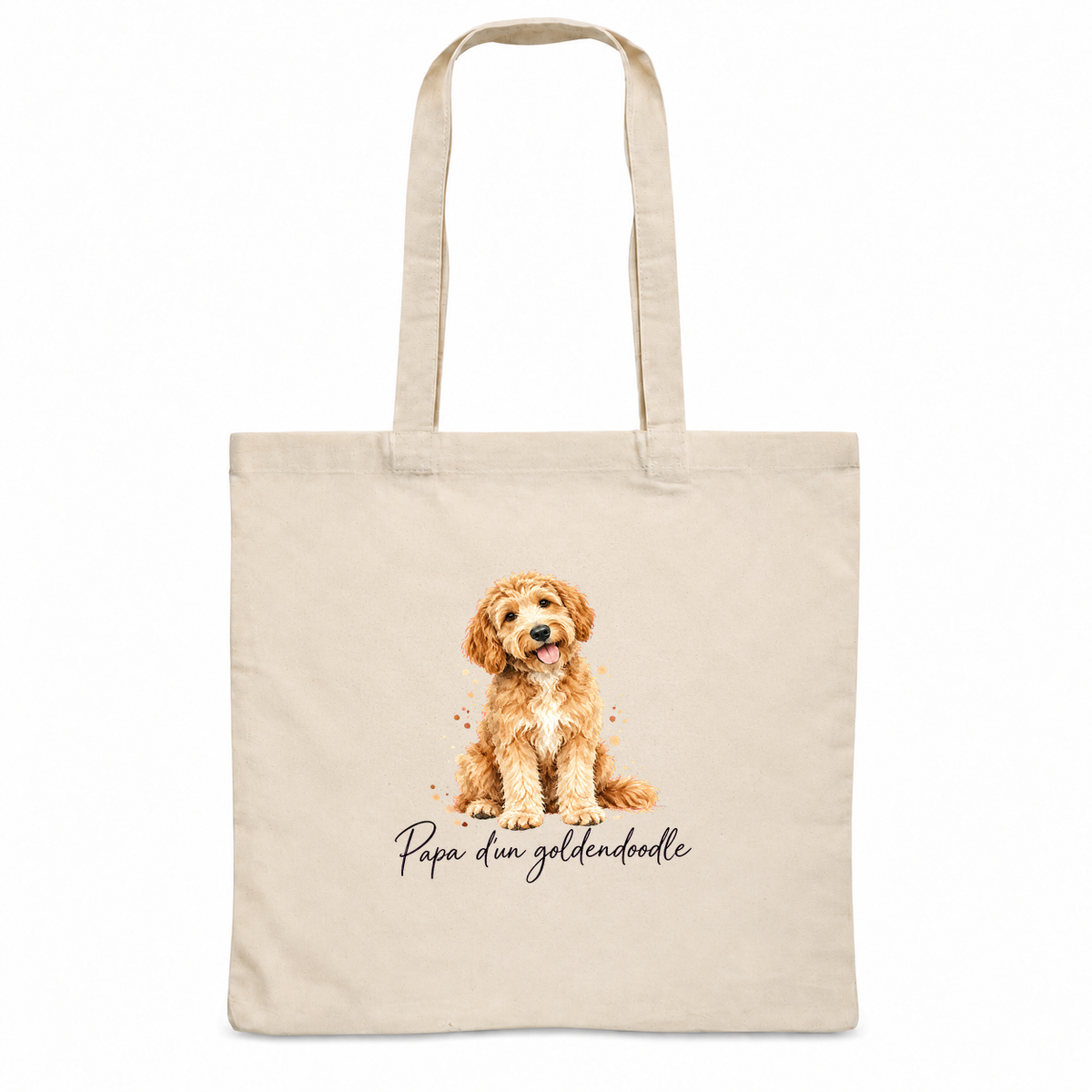Tote bag goldendoodle « Papa d'un goldendoodle » Essentiel, sac plat en coton naturel 140 g/m² de 38 × 42 cm, portrait à l'aquarelle d'un goldendoodle abricot assis