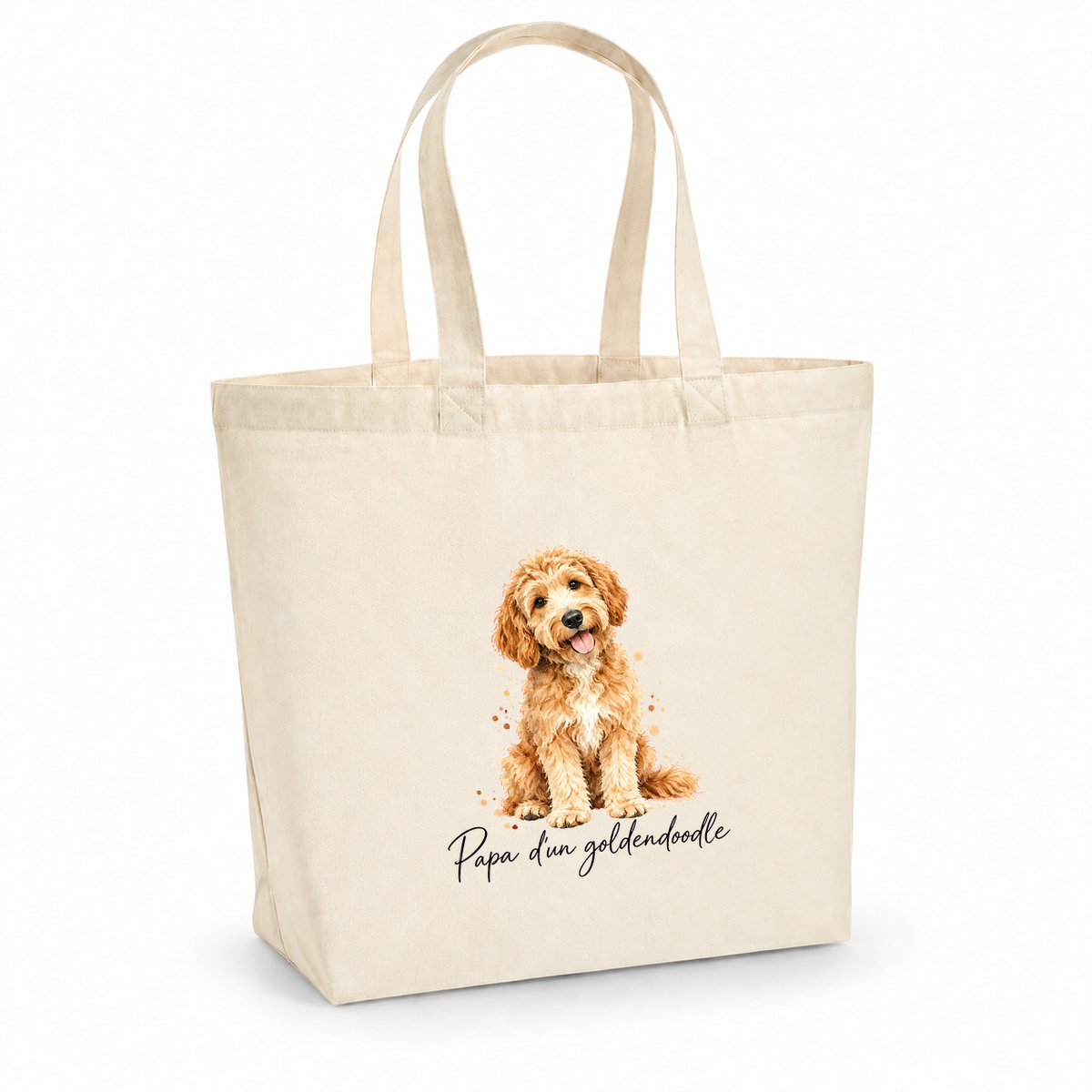Tote bag goldendoodle « Papa d'un goldendoodle » Premium, cabas à soufflet en coton naturel 200 g/m² de 18 litres, portrait à l'aquarelle d'un goldendoodle abricot assis