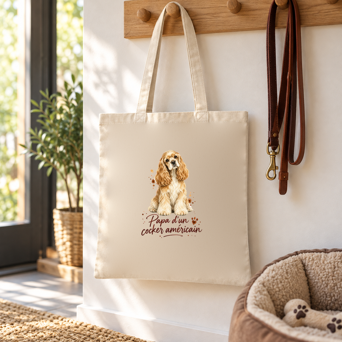 Tote bag cocker américain « Papa d'un cocker américain » Essentiel suspendu à une patère d'entrée, à côté d'une laisse et d'un panier