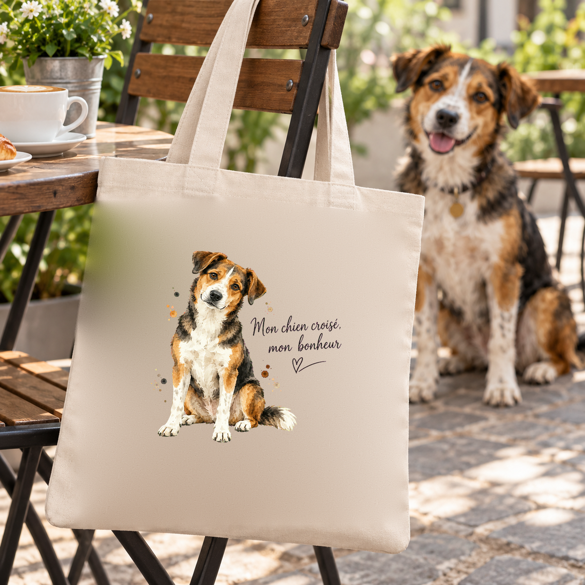 Tote bag chien croisé « Mon chien croisé, mon bonheur » Essentiel suspendu à une chaise de terrasse, un chien croisé juste à côté