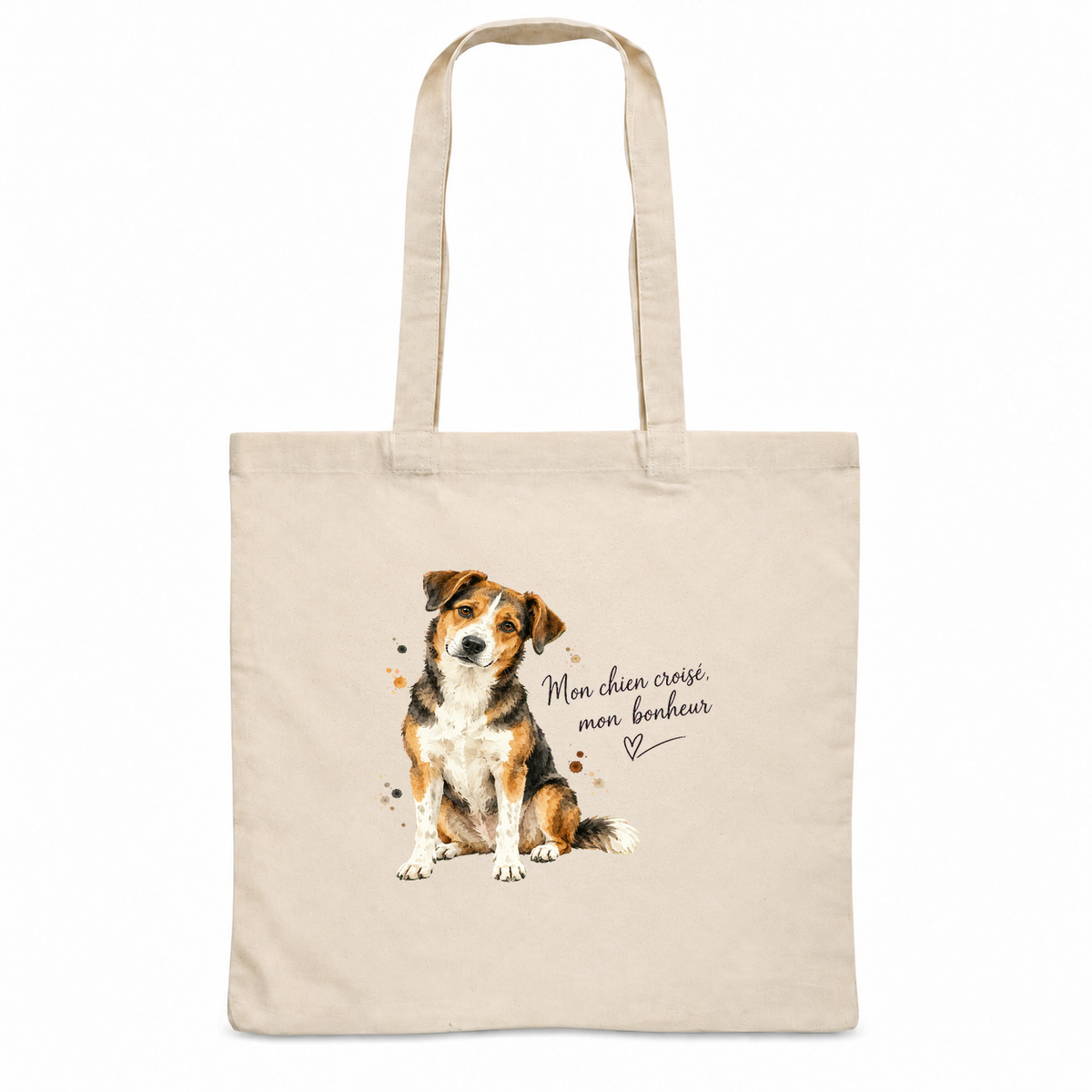 Tote bag chien croisé « Mon chien croisé, mon bonheur » Essentiel, sac plat en coton naturel 140 g/m² de 38 × 42 cm, portrait à l'aquarelle d'un chien croisé tricolore assis