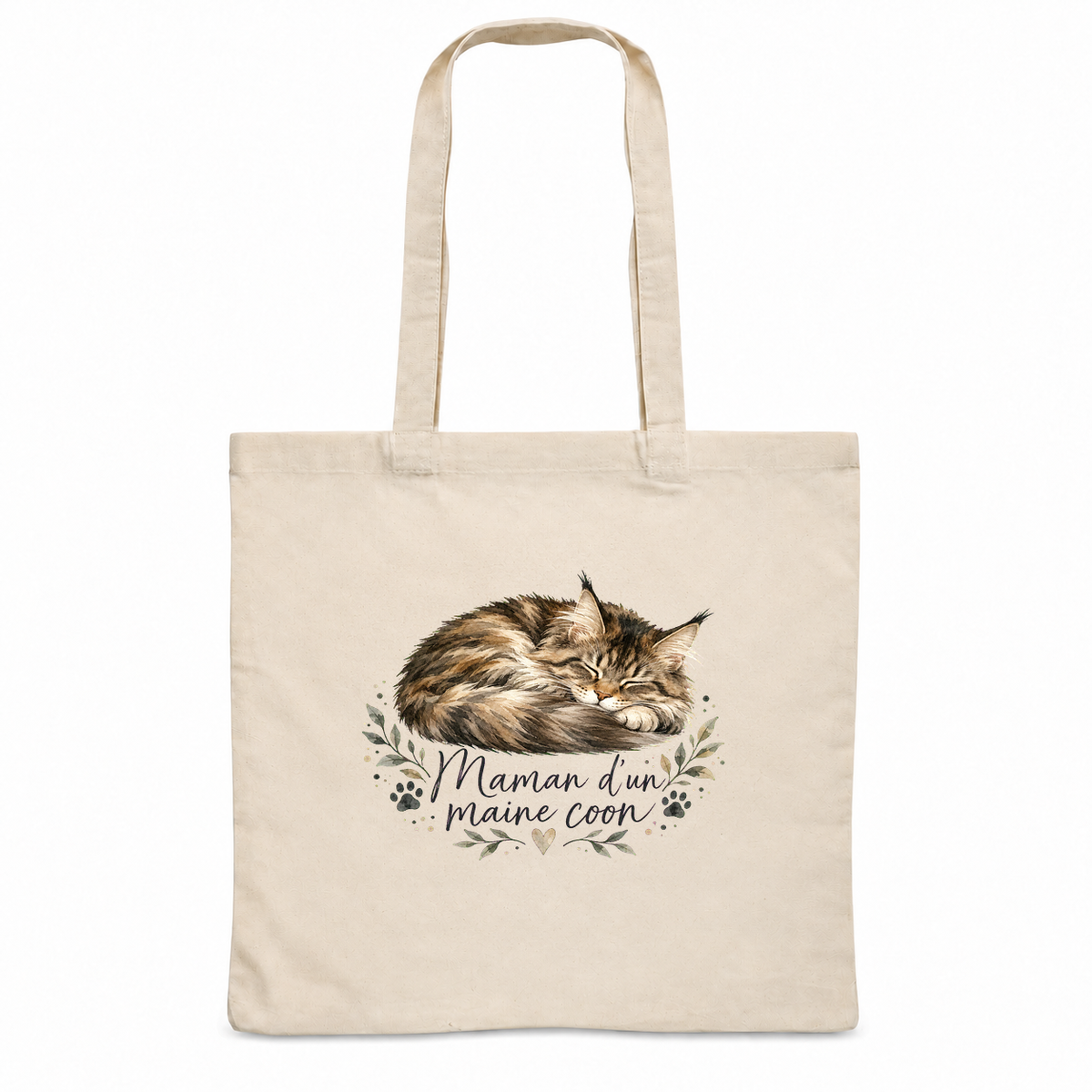 Tote bag maine coon « Maman d'un maine coon » Essentiel, sac plat en coton naturel 140 g/m² de 38 × 42 cm, portrait à l'aquarelle d'un maine coon endormi en boule