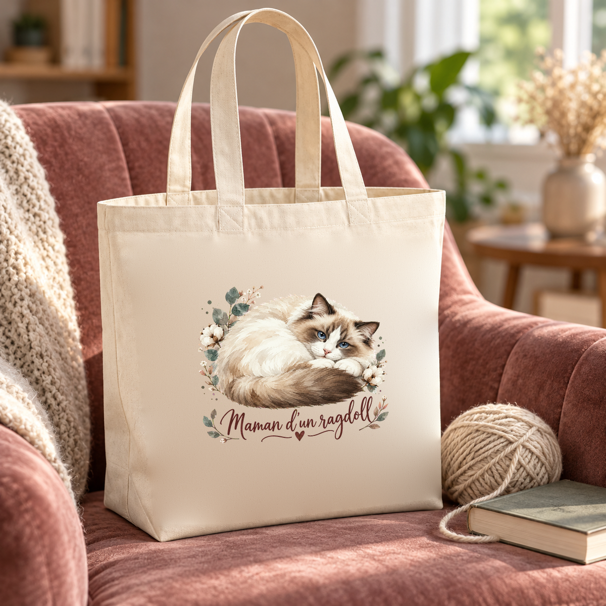 Tote bag ragdoll « Maman d'un ragdoll » Premium posé sur un fauteuil en velours rose, à côté d'une pelote de laine et d'un livre