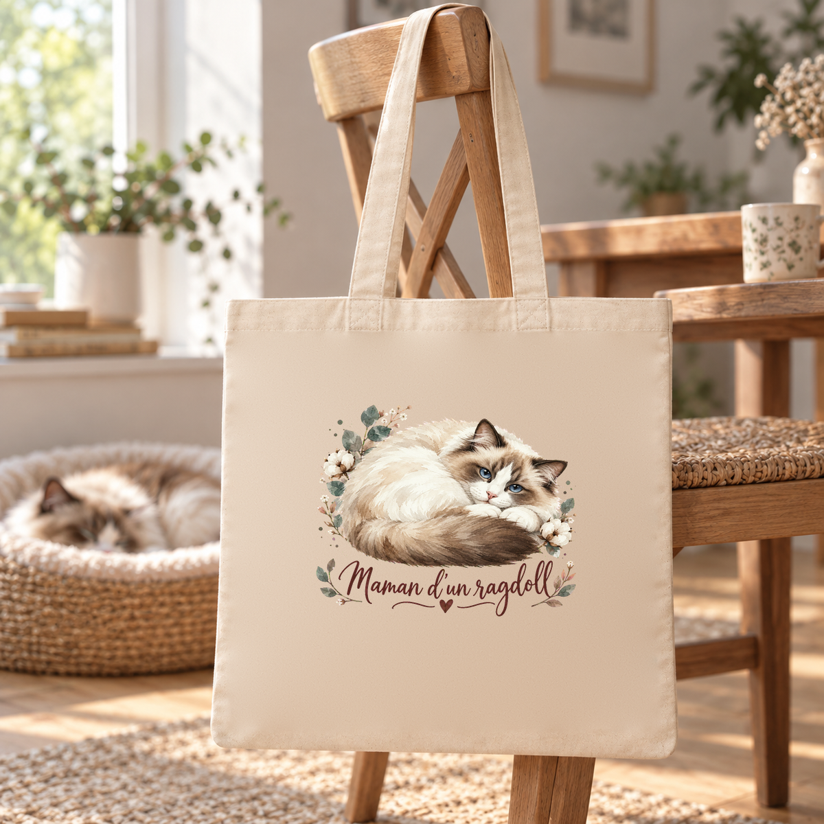 Tote bag ragdoll « Maman d'un ragdoll » Essentiel suspendu à une chaise de salle à manger, un chat endormi dans son panier