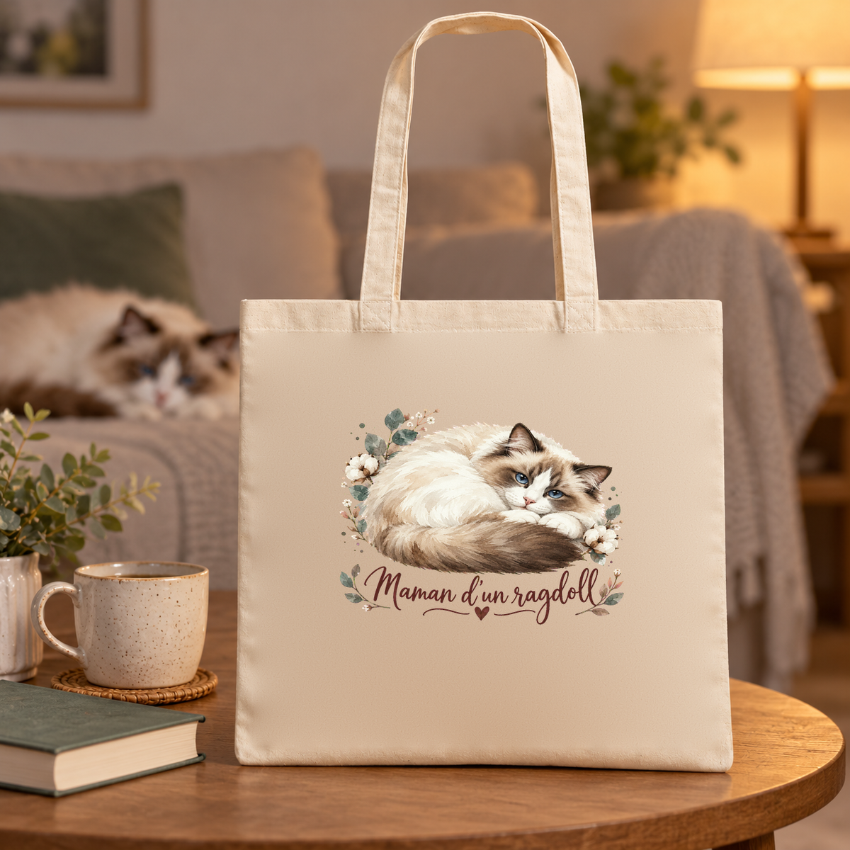 Tote bag ragdoll « Maman d'un ragdoll » Essentiel posé sur une table basse à la lueur d'une lampe, à côté d'un mug et d'un livre