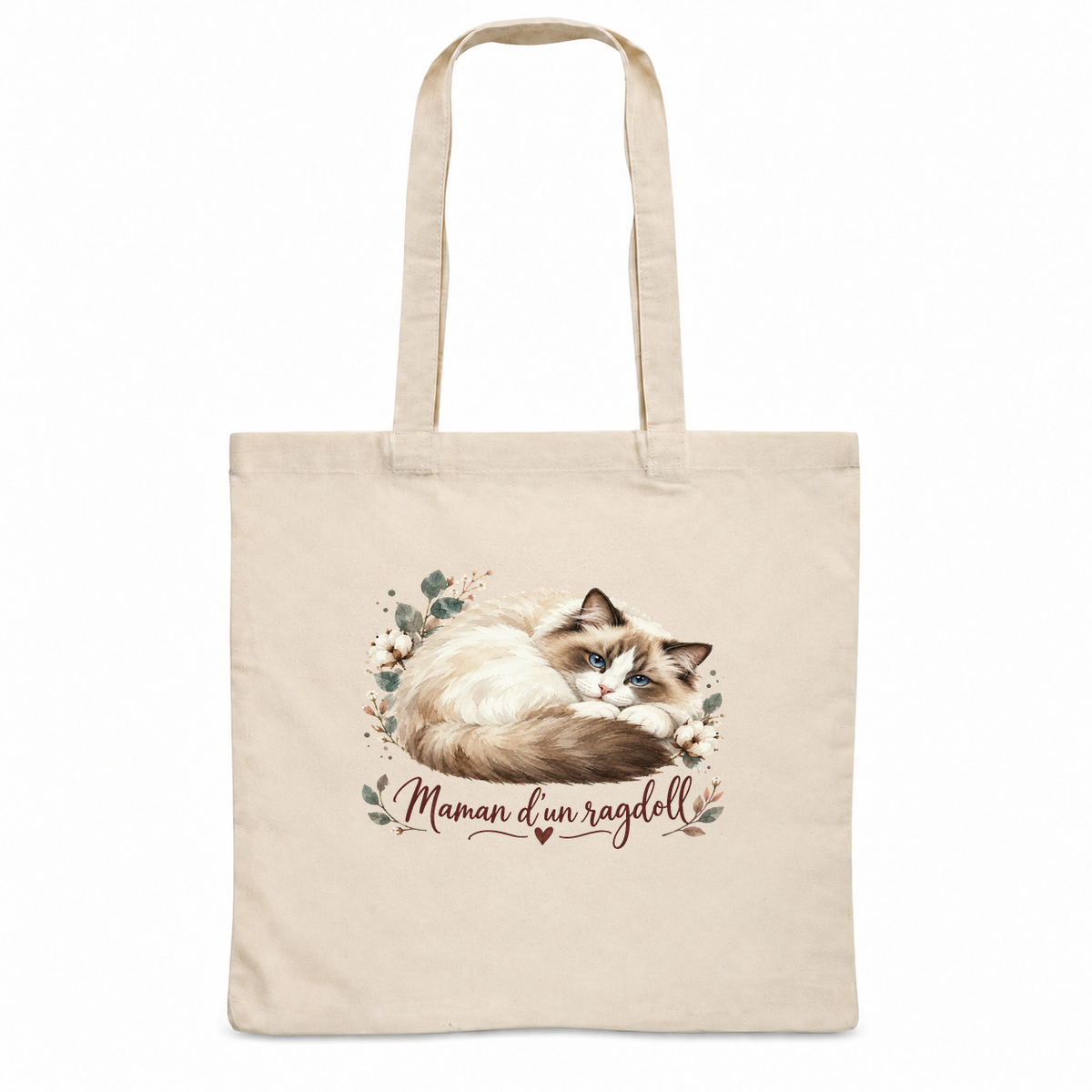 Tote bag ragdoll « Maman d'un ragdoll » Essentiel, sac plat en coton naturel 140 g/m² de 38 × 42 cm, portrait à l'aquarelle d'un ragdoll aux yeux bleus couché en boule
