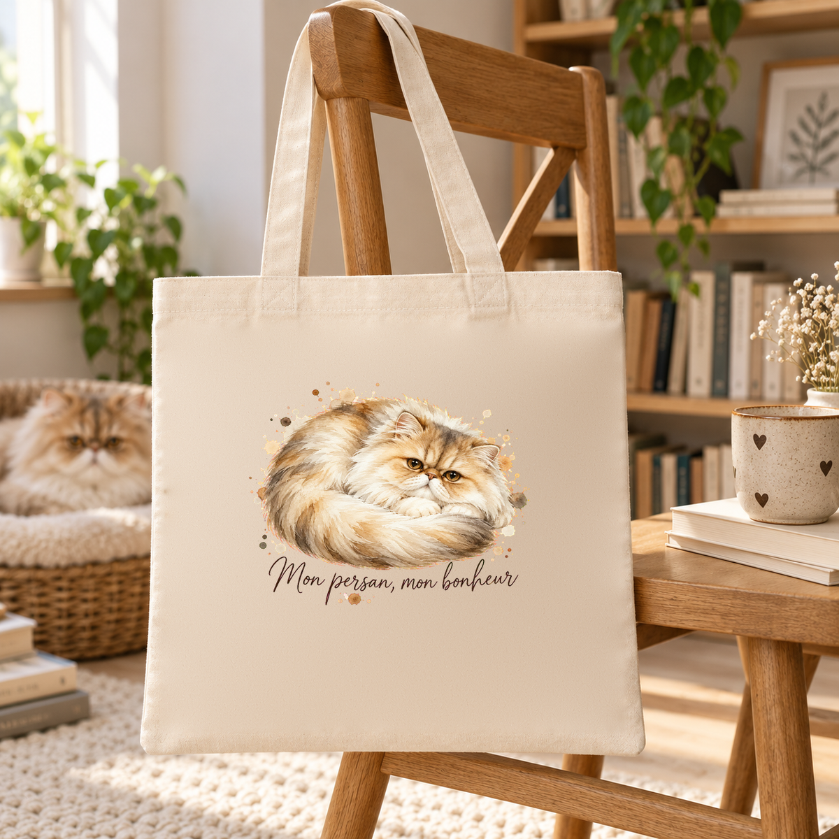 Tote bag persan « Mon persan, mon bonheur » Essentiel suspendu à une chaise près d'une bibliothèque, un persan installé dans son panier