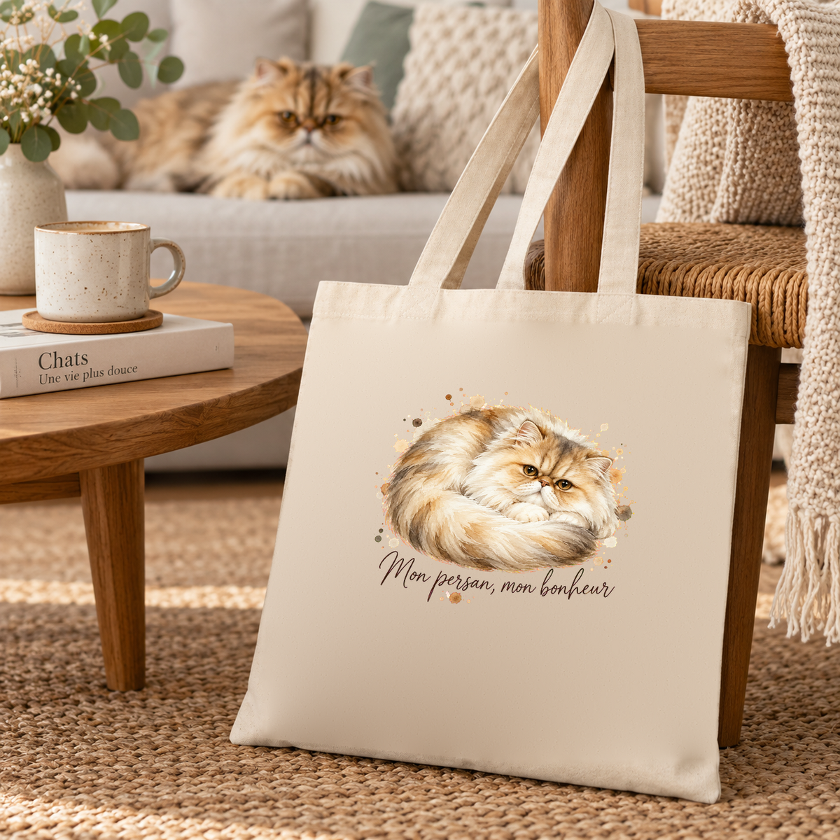 Tote bag persan « Mon persan, mon bonheur » Essentiel posé au pied d'un fauteuil, un persan allongé sur le canapé