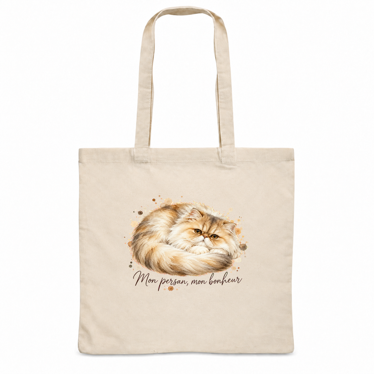 Tote bag persan « Mon persan, mon bonheur » Essentiel, sac plat en coton naturel 140 g/m² de 38 × 42 cm, portrait à l'aquarelle d'un chat persan couché en boule