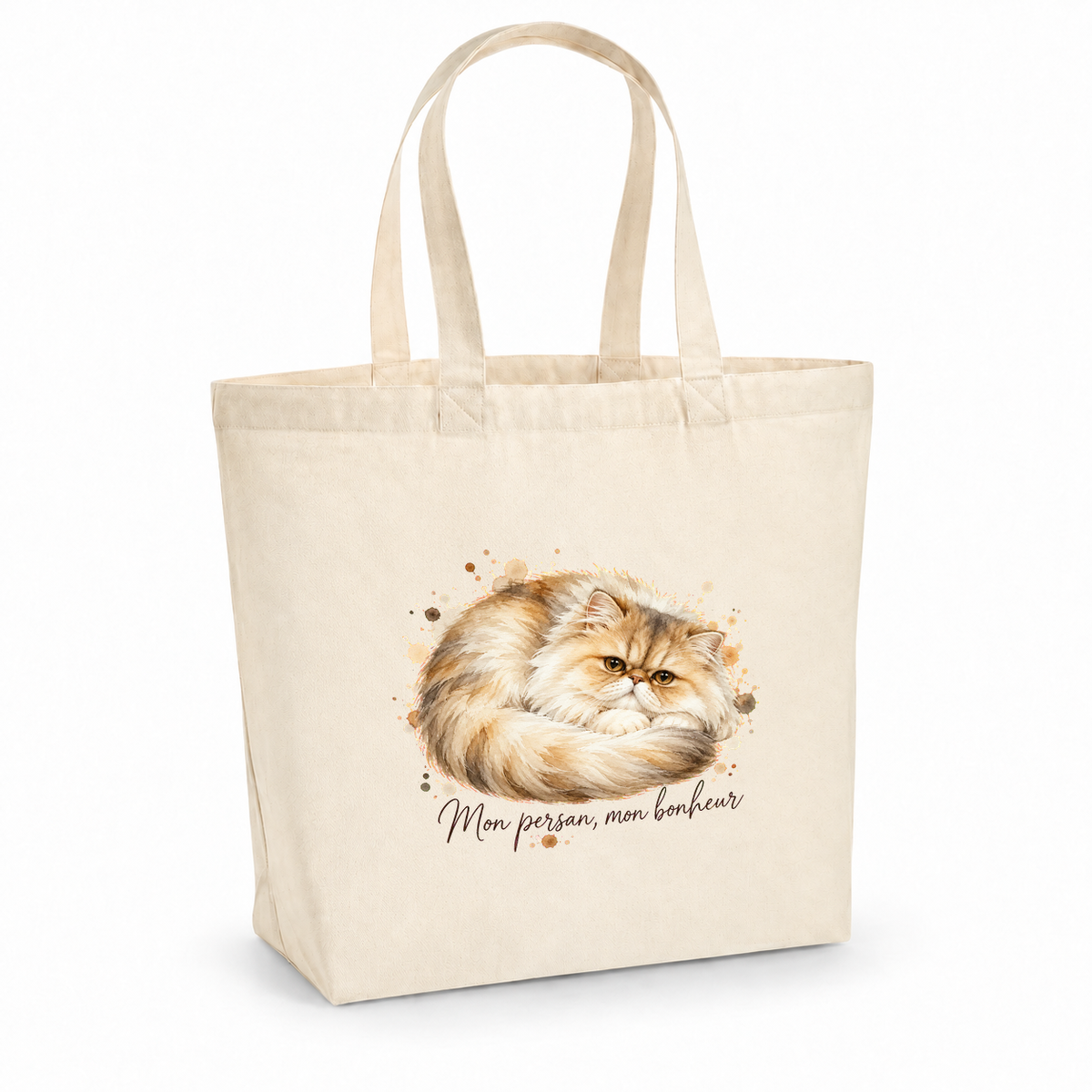 Tote bag persan « Mon persan, mon bonheur » Premium, cabas à soufflet en coton naturel 200 g/m² de 18 litres, portrait à l'aquarelle d'un chat persan couché en boule