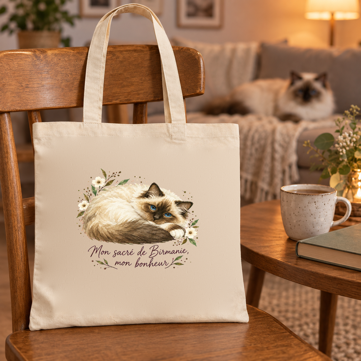 Tote bag sacré de Birmanie « Mon sacré de Birmanie, mon bonheur » Essentiel posé sur une chaise près d'une table d'appoint, un sacré de Birmanie allongé sur le canapé