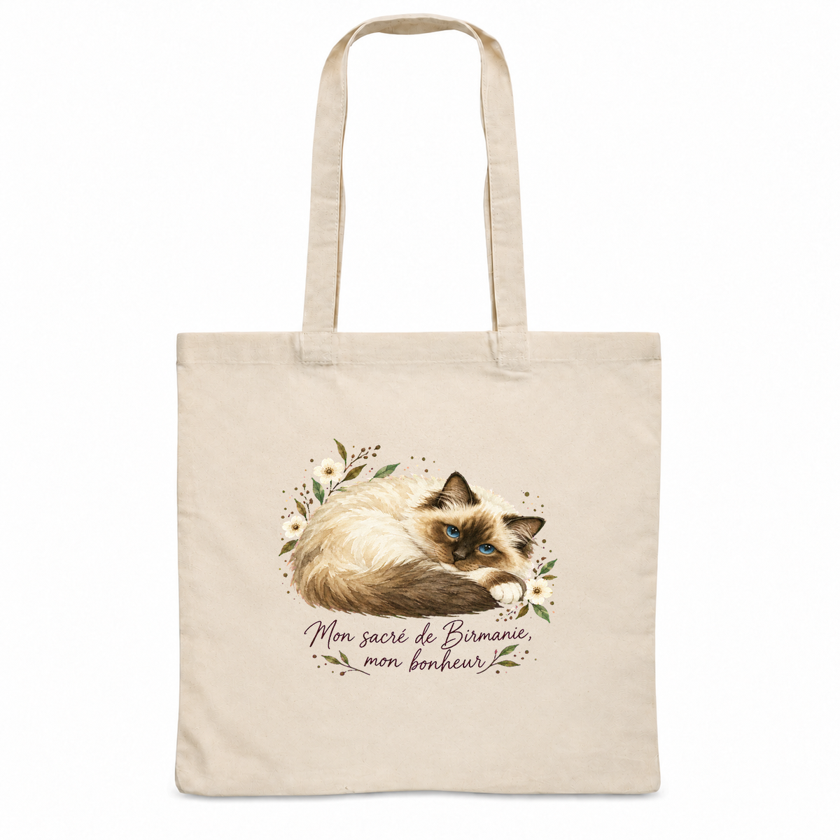 Tote bag sacré de Birmanie « Mon sacré de Birmanie, mon bonheur » Essentiel, sac plat en coton naturel 140 g/m² de 38 × 42 cm, portrait à l'aquarelle d'un sacré de Birmanie endormi en boule