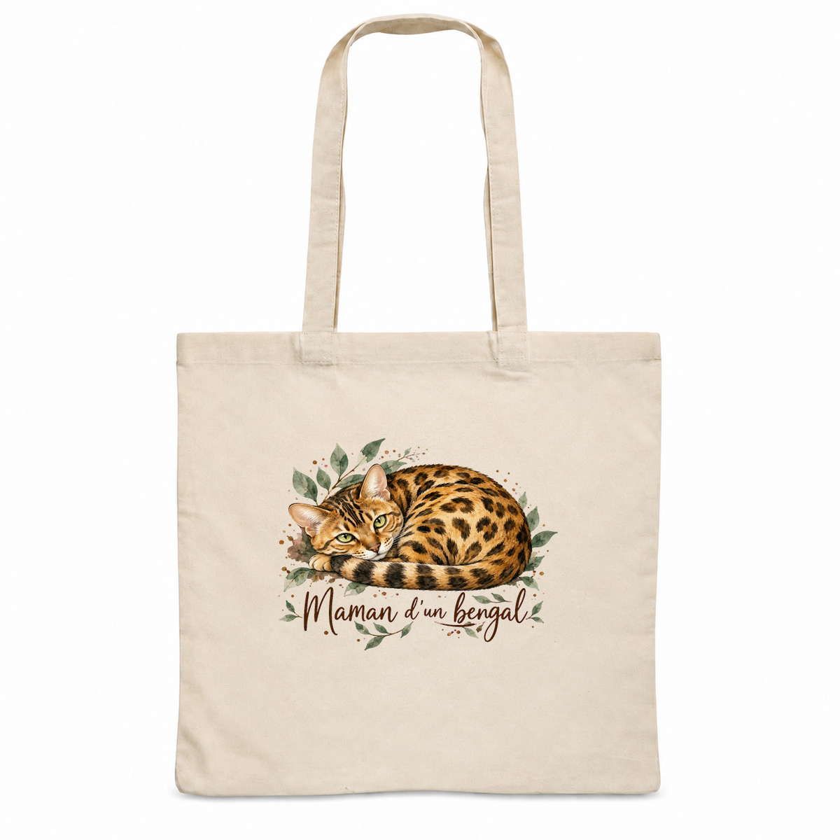 Tote bag bengal « Maman d'un bengal » Essentiel, sac plat en coton naturel 140 g/m² de 38 × 42 cm, portrait à l'aquarelle d'un bengal doré à rosettes couché en boule