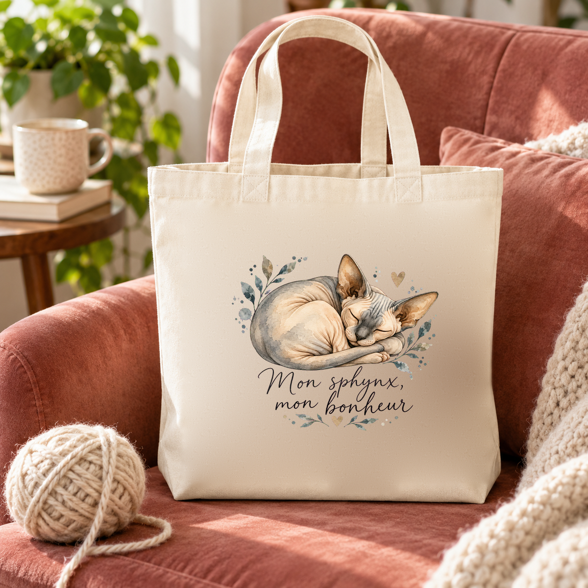 Tote bag sphynx « Mon sphynx, mon bonheur » Premium posé sur un fauteuil en velours rose, à côté d'un plaid et d'une pelote de laine