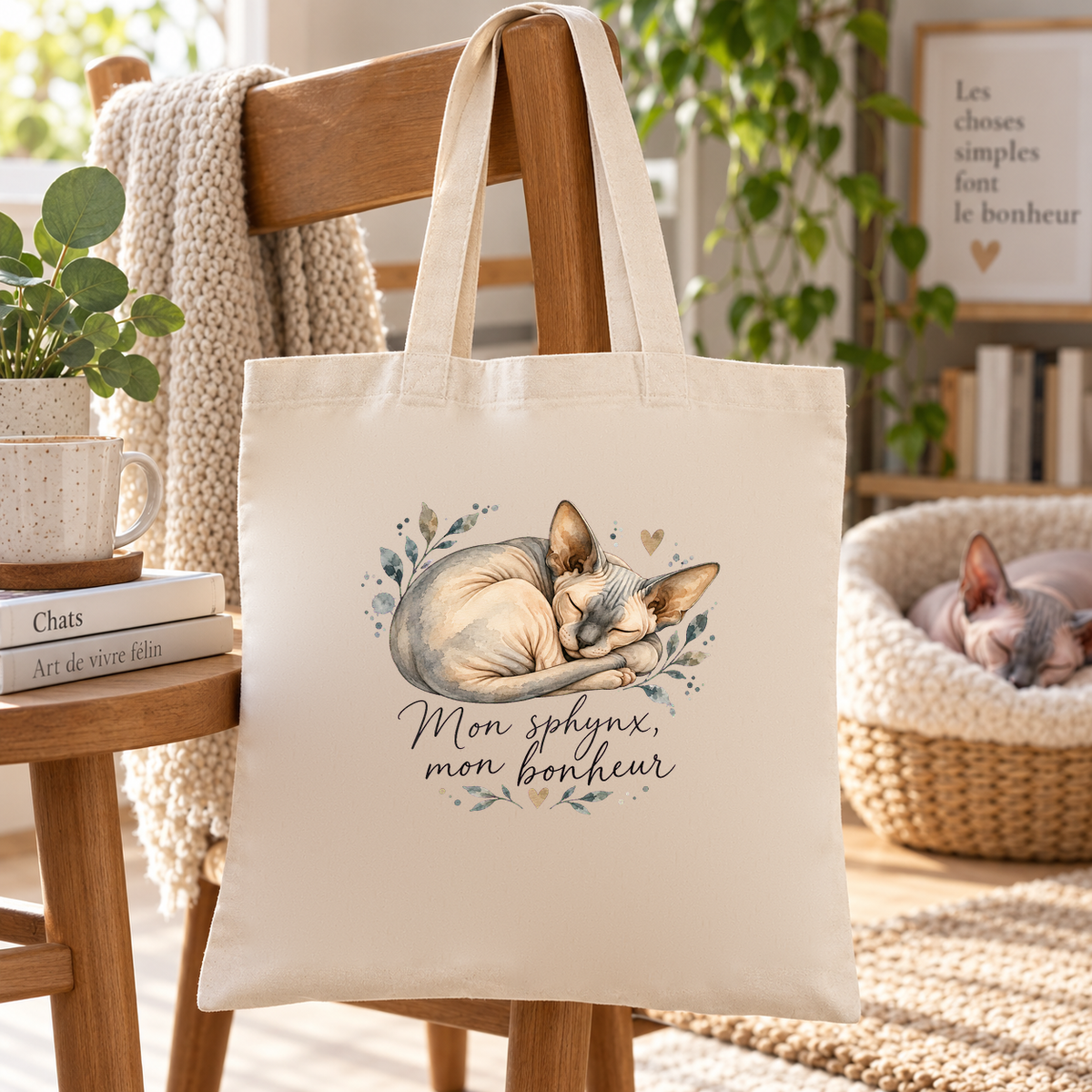 Tote bag sphynx « Mon sphynx, mon bonheur » Essentiel suspendu à une chaise près d'une bibliothèque, un sphynx installé dans son panier