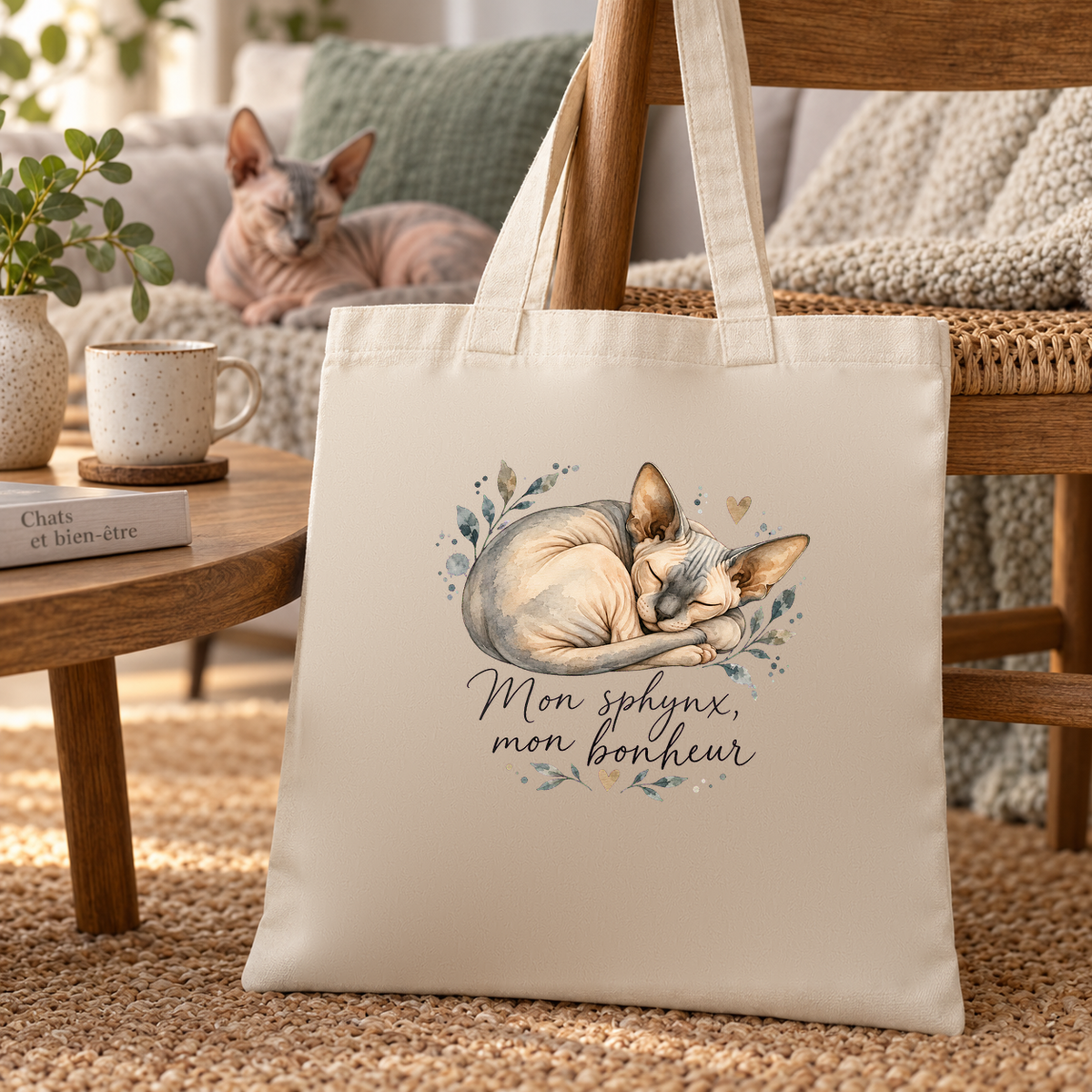 Tote bag sphynx « Mon sphynx, mon bonheur » Essentiel posé au pied d'un fauteuil, un sphynx allongé sur le canapé