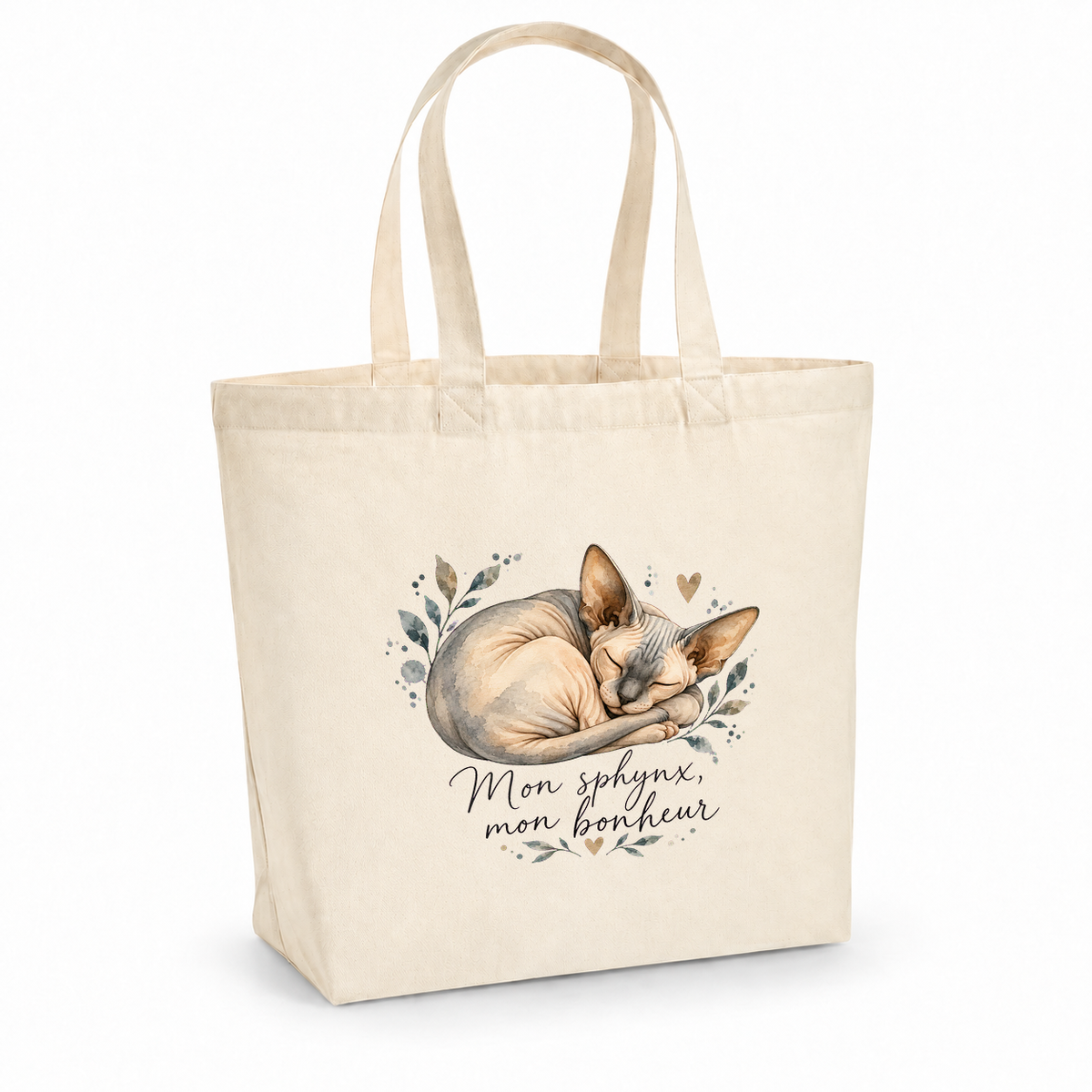 Tote bag sphynx « Mon sphynx, mon bonheur » Premium, cabas à soufflet en coton naturel 200 g/m² de 18 litres, portrait à l'aquarelle d'un sphynx endormi en boule