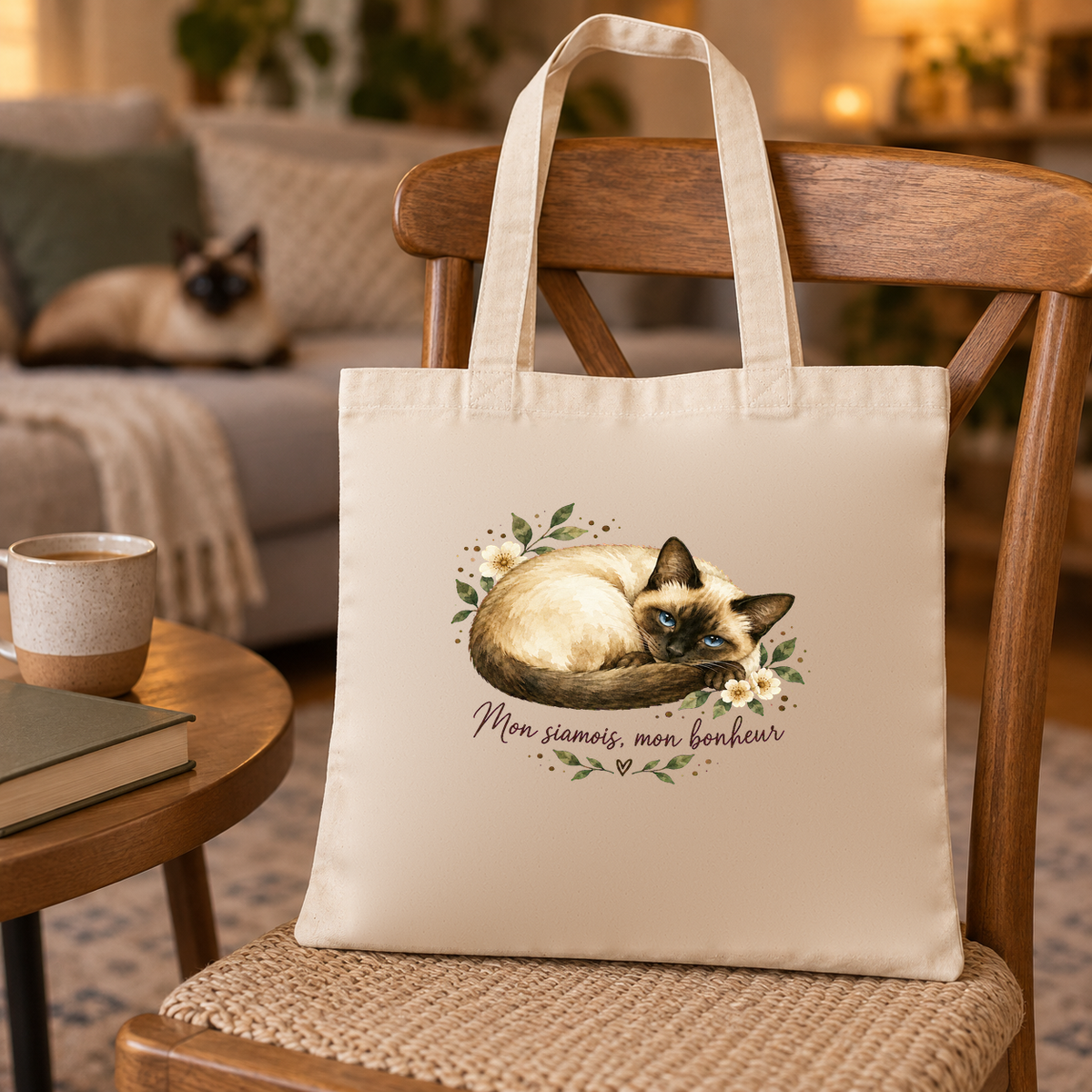 Tote bag siamois « Mon siamois, mon bonheur » Essentiel posé sur une chaise près d'une table d'appoint, un siamois allongé sur le canapé