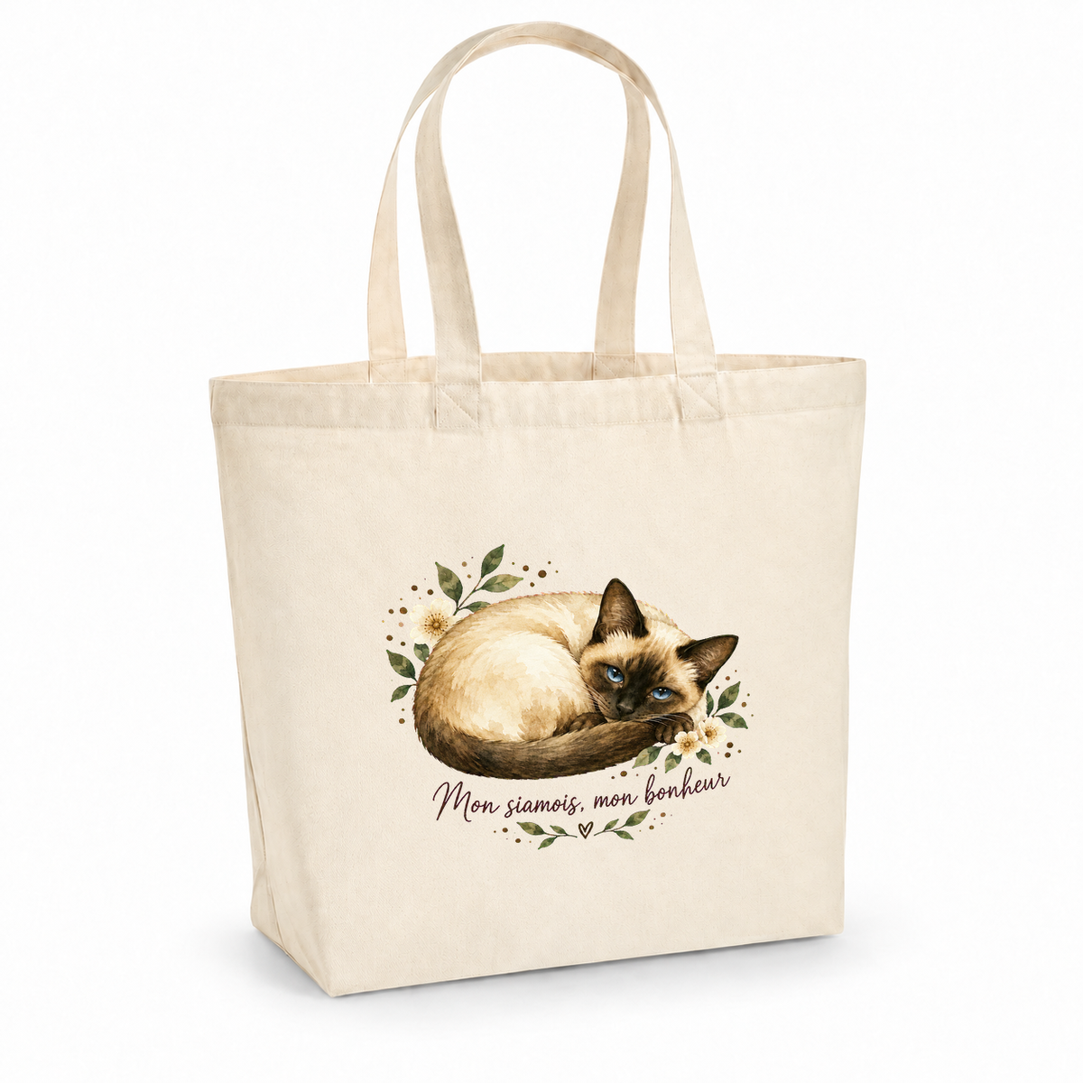 Tote bag siamois « Mon siamois, mon bonheur » Premium, cabas à soufflet en coton naturel 200 g/m² de 18 litres, portrait à l'aquarelle d'un siamois roulé en boule