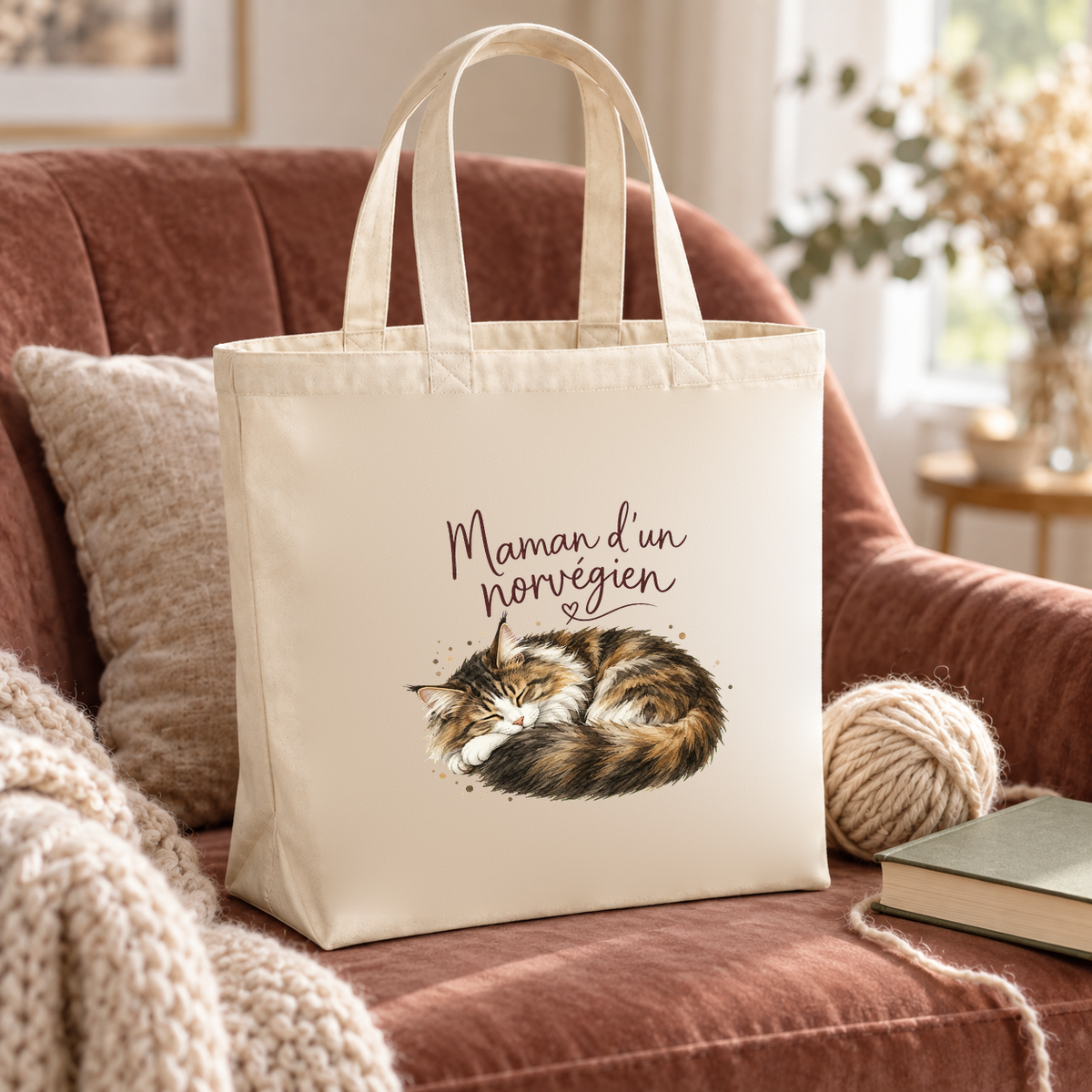 Tote bag norvégien « Maman d'un norvégien » Premium posé sur un fauteuil en velours, à côté d'une pelote de laine et d'un livre