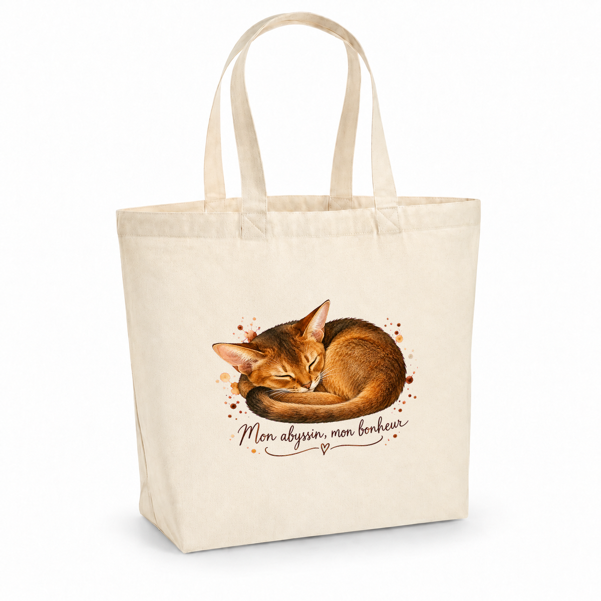 Tote bag abyssin « Mon abyssin, mon bonheur » Premium, cabas à soufflet en coton naturel 200 g/m² de 18 litres, portrait à l'aquarelle d'un abyssin endormi en boule