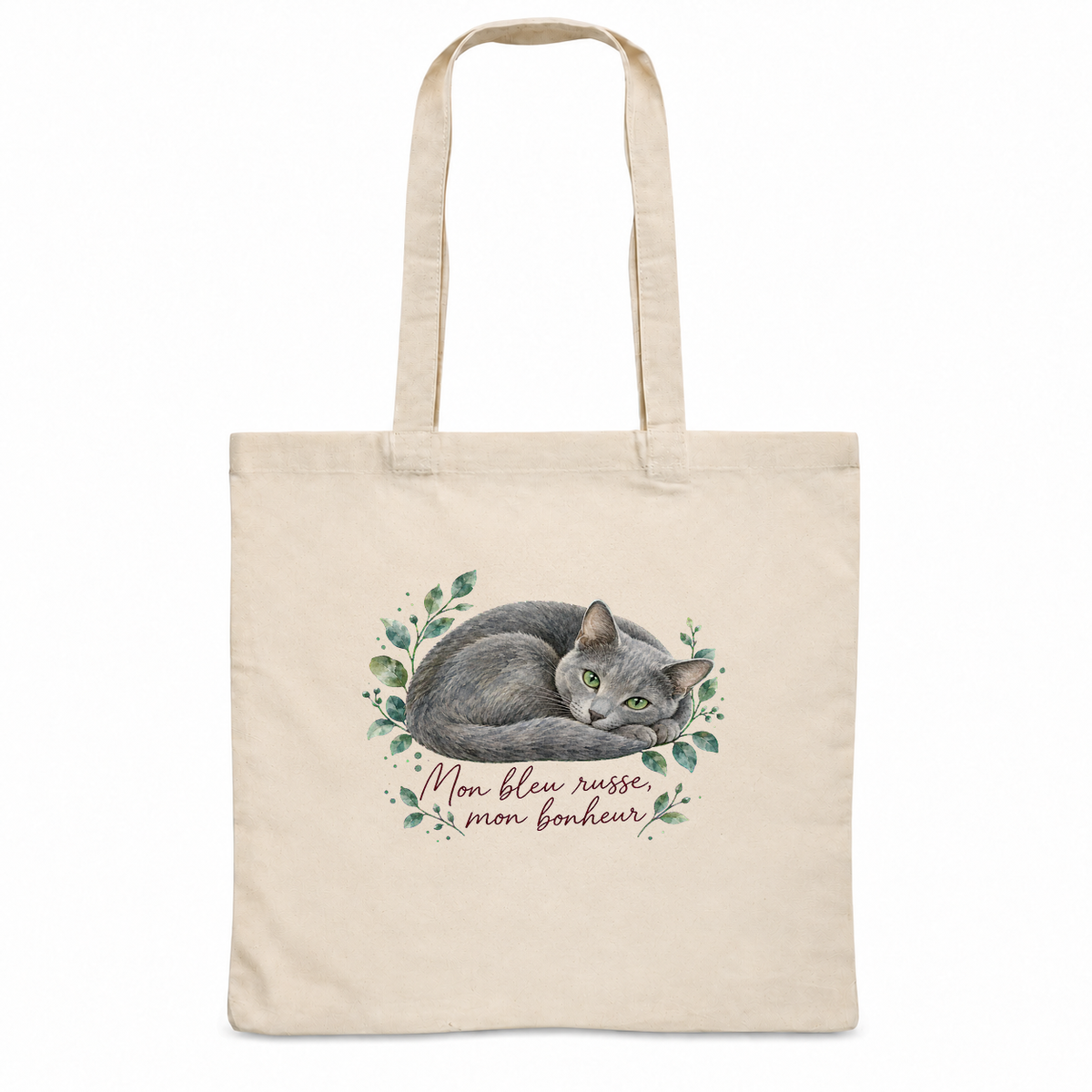 Tote bag bleu russe « Mon bleu russe, mon bonheur » Essentiel, sac plat en coton naturel 140 g/m² de 38 × 42 cm, portrait à l'aquarelle d'un bleu russe endormi en boule