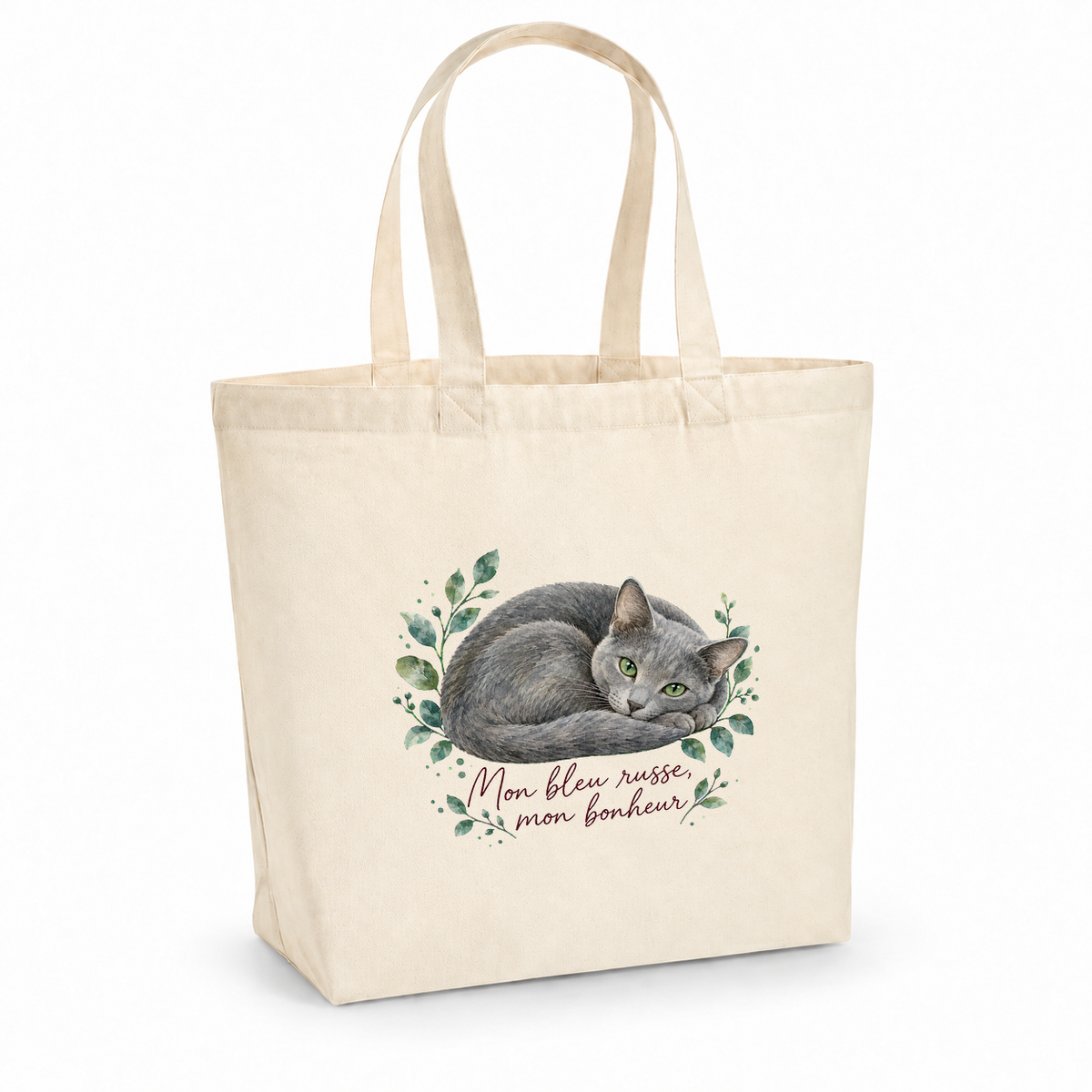 Tote bag bleu russe « Mon bleu russe, mon bonheur » Premium, cabas à soufflet en coton naturel 200 g/m² de 18 litres, portrait à l'aquarelle d'un bleu russe endormi en boule