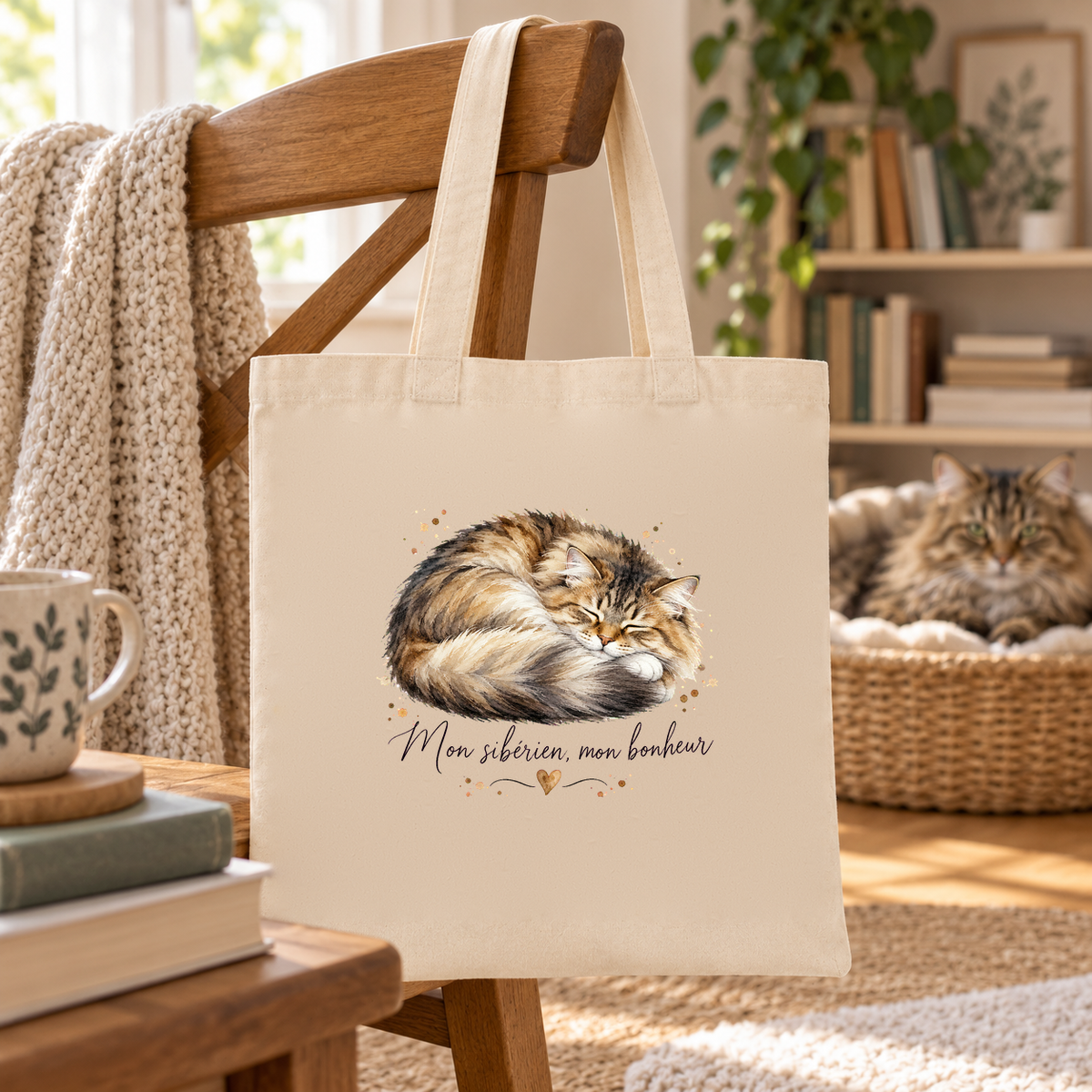 Tote bag sibérien « Mon sibérien, mon bonheur » Essentiel suspendu à une chaise près d'une bibliothèque, un sibérien installé dans son panier