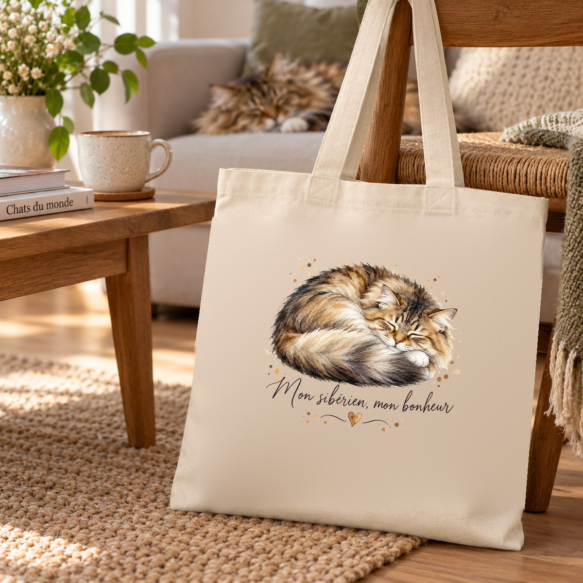 Tote bag sibérien « Mon sibérien, mon bonheur » Essentiel posé au pied d'un fauteuil, un sibérien allongé sur le canapé