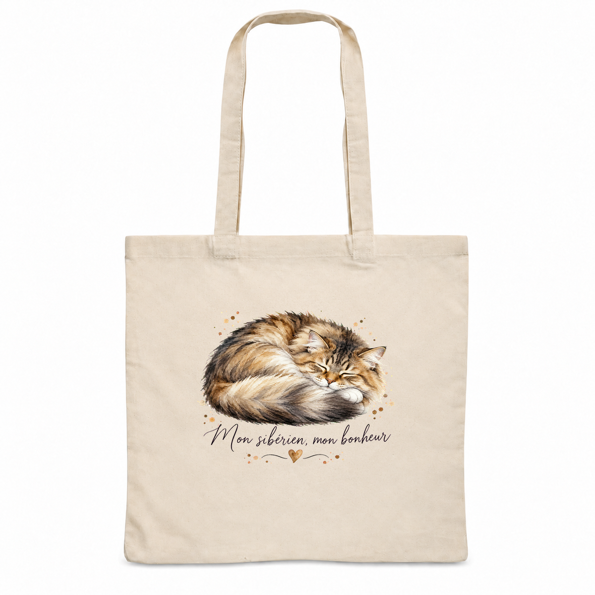 Tote bag sibérien « Mon sibérien, mon bonheur » Essentiel, sac plat en coton naturel 140 g/m² de 38 × 42 cm, portrait à l'aquarelle d'un chat sibérien endormi en boule
